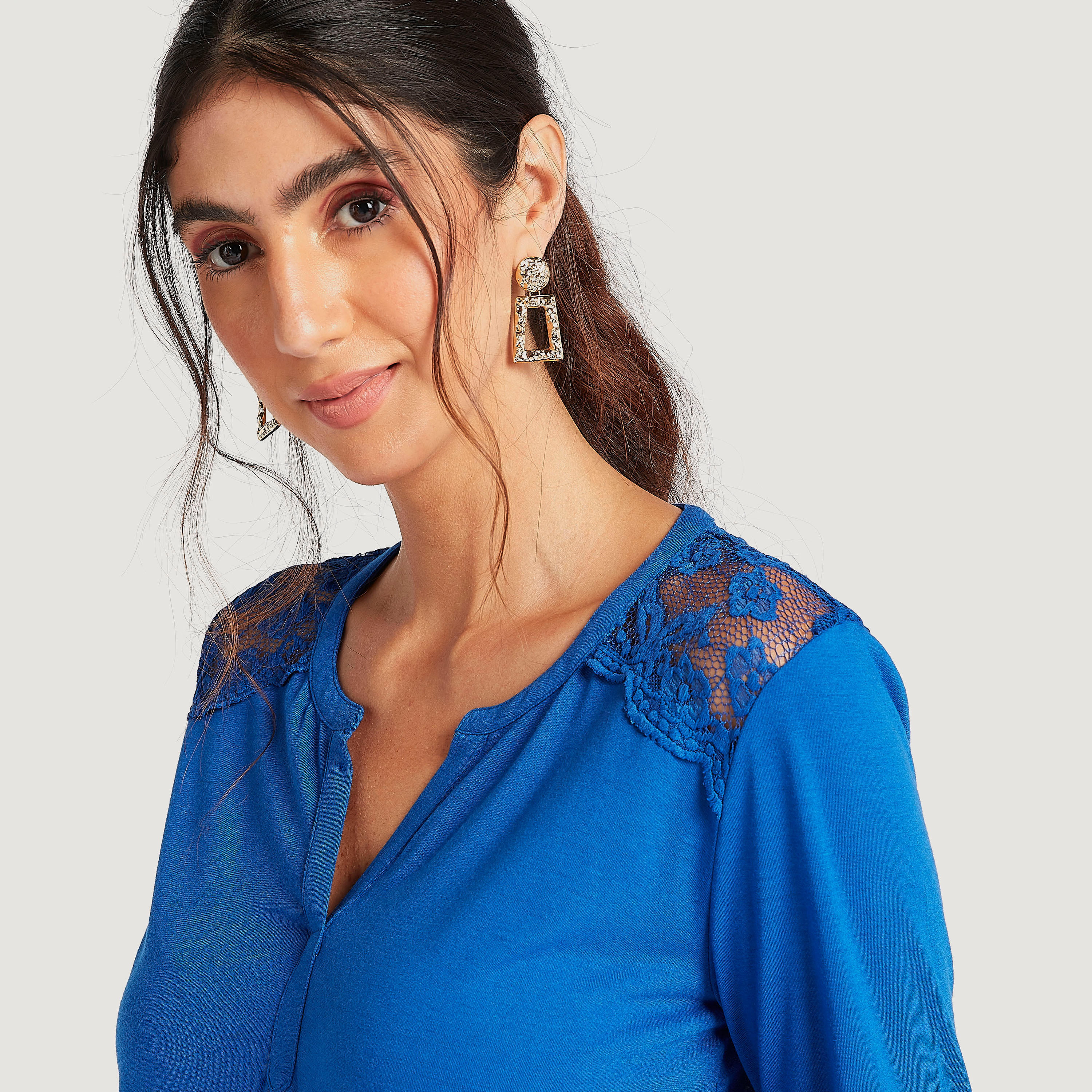 Lace Detail Top with V-neck and Long Sleeves-women-clothing-shirtsandblouses-blouses-image-3