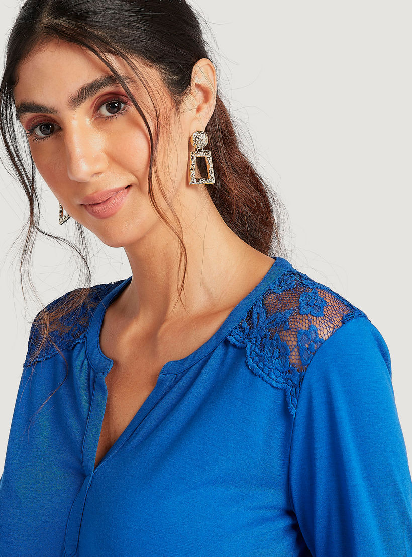 Lace Detail Top with V-neck and Long Sleeves-women-clothing-shirtsandblouses-blouses-image-3