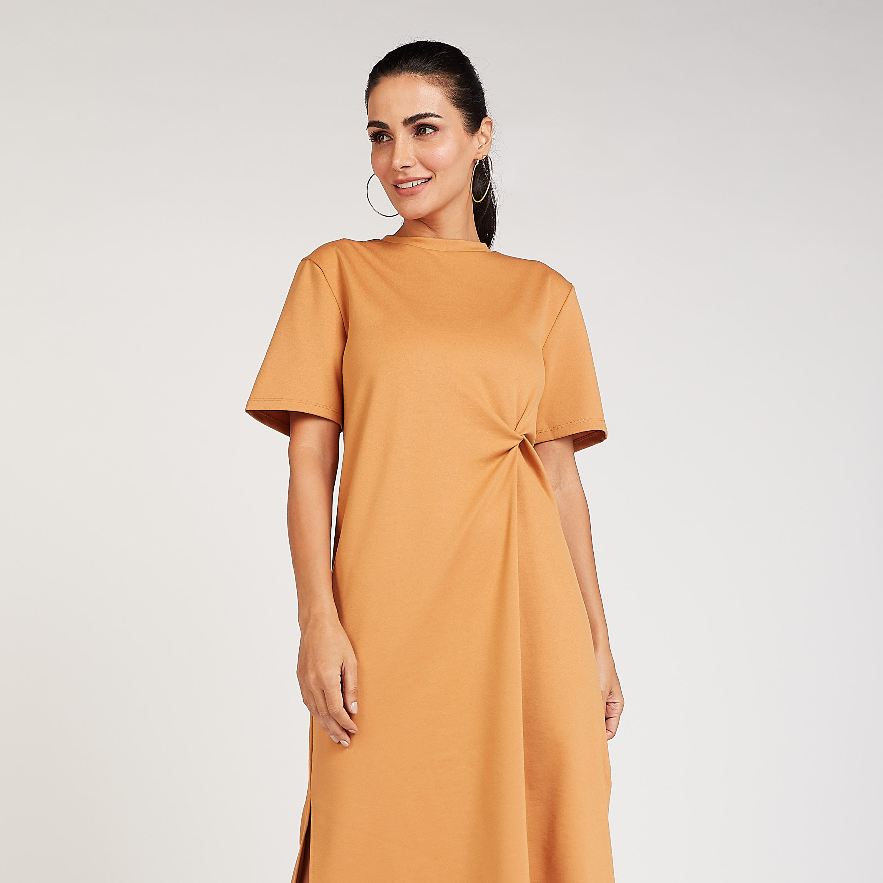 فستان رسمي واسع ميدي سادة بأكمام قصيرة وفتحة جانبيّة-women-clothing-dresses-image-5