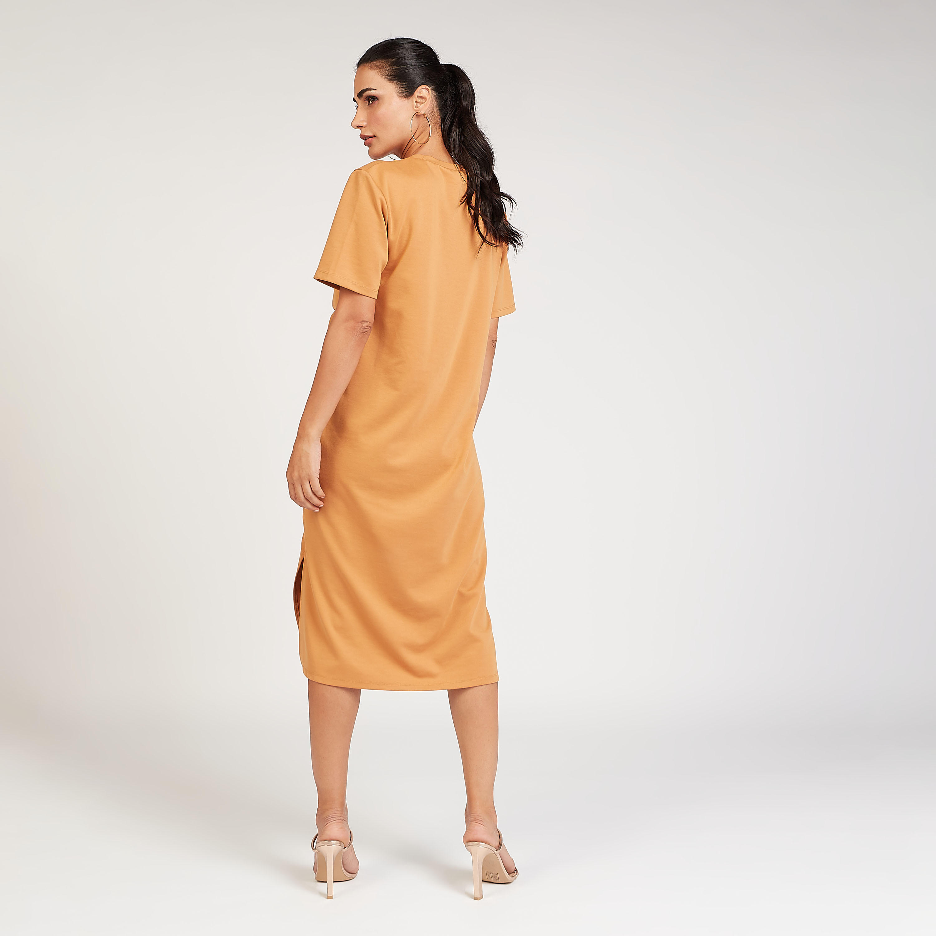 فستان رسمي واسع ميدي سادة بأكمام قصيرة وفتحة جانبيّة-women-clothing-dresses-image-3