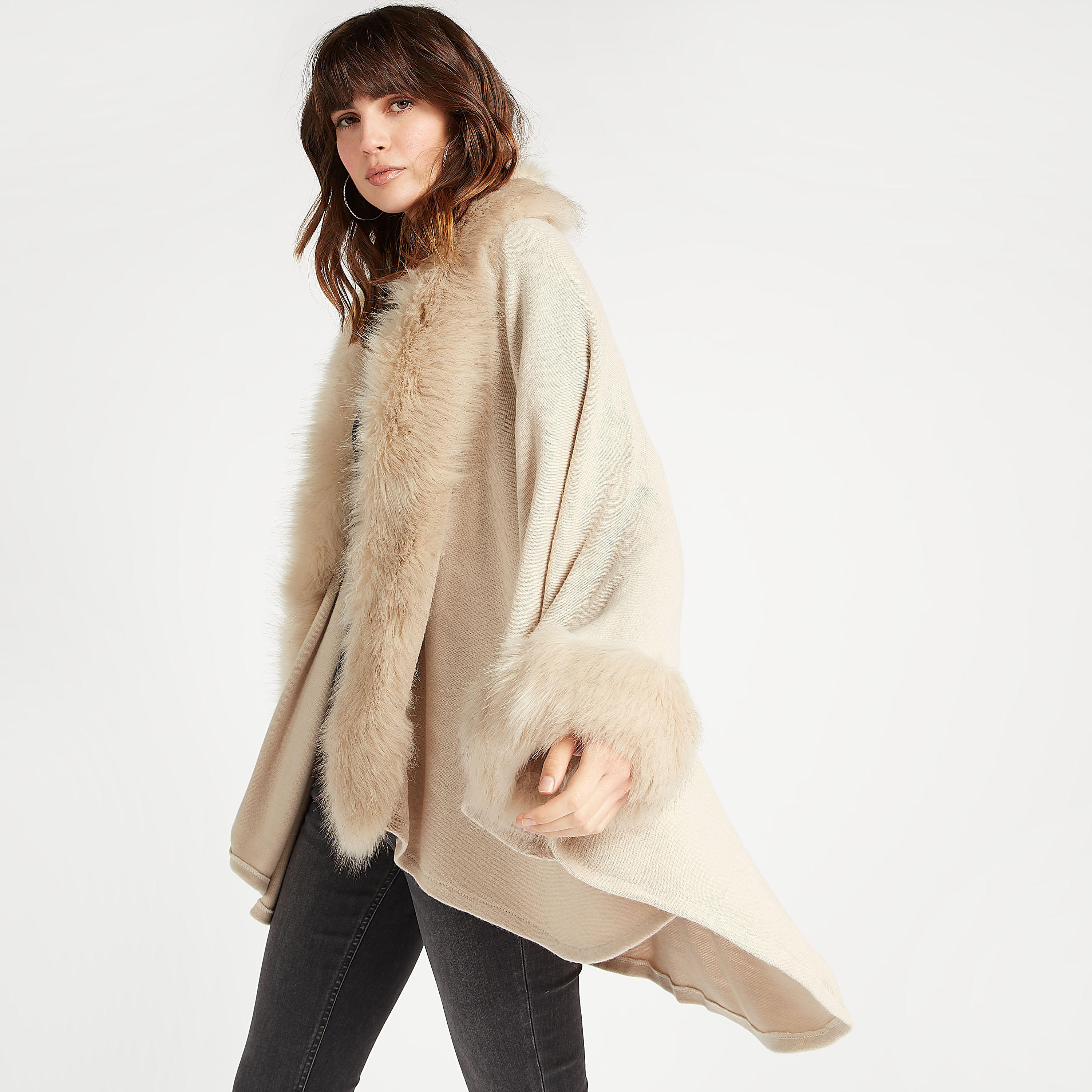 Textured Open Front Poncho with Faux Fur Detail-women-winterwear-coatsandjackets-jackets-image-1