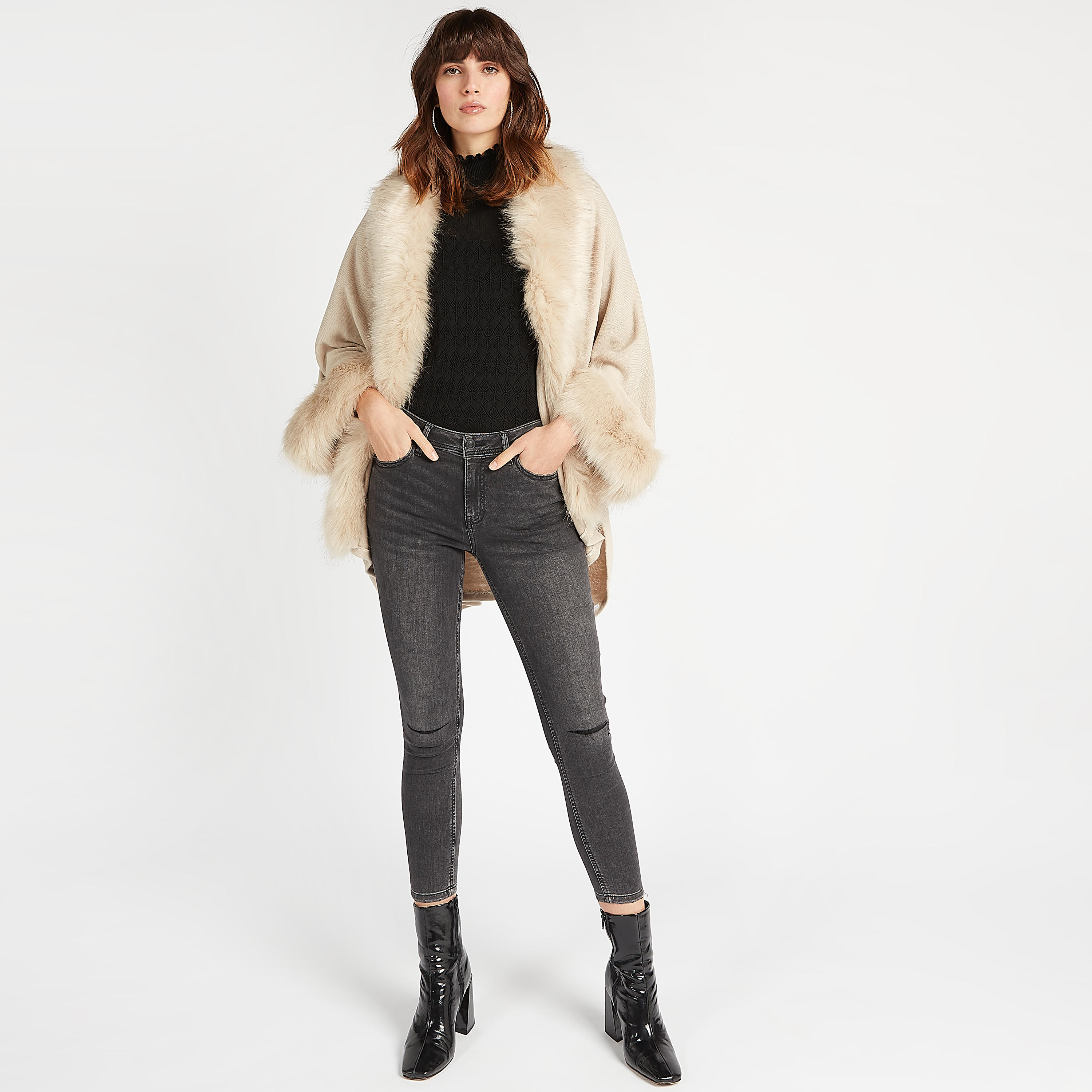 Textured Open Front Poncho with Faux Fur Detail-women-winterwear-coatsandjackets-jackets-image-2