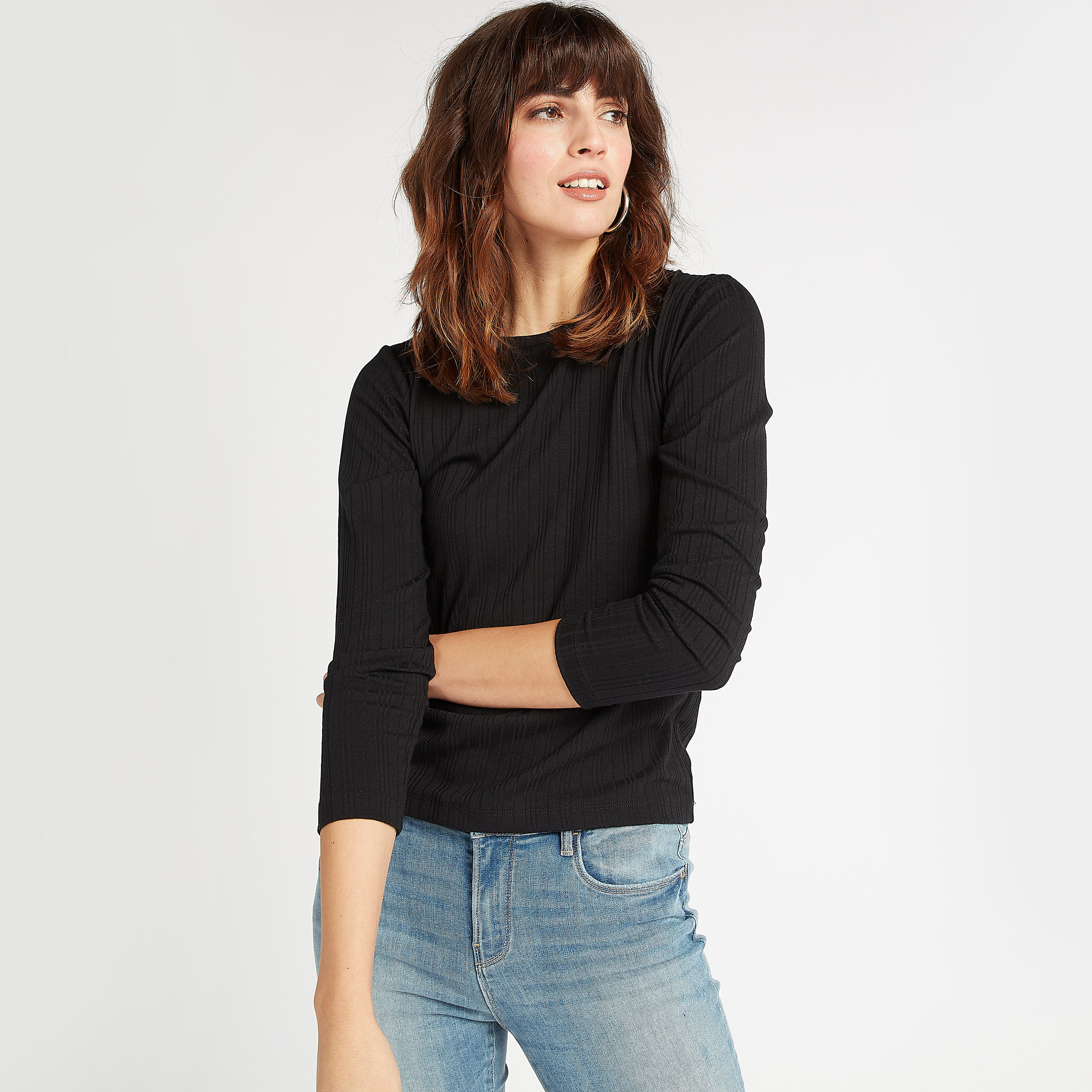 Textured Crew Neck Top with Long Sleeves-women-clothing-shirtsandblouses-blouses-image-3