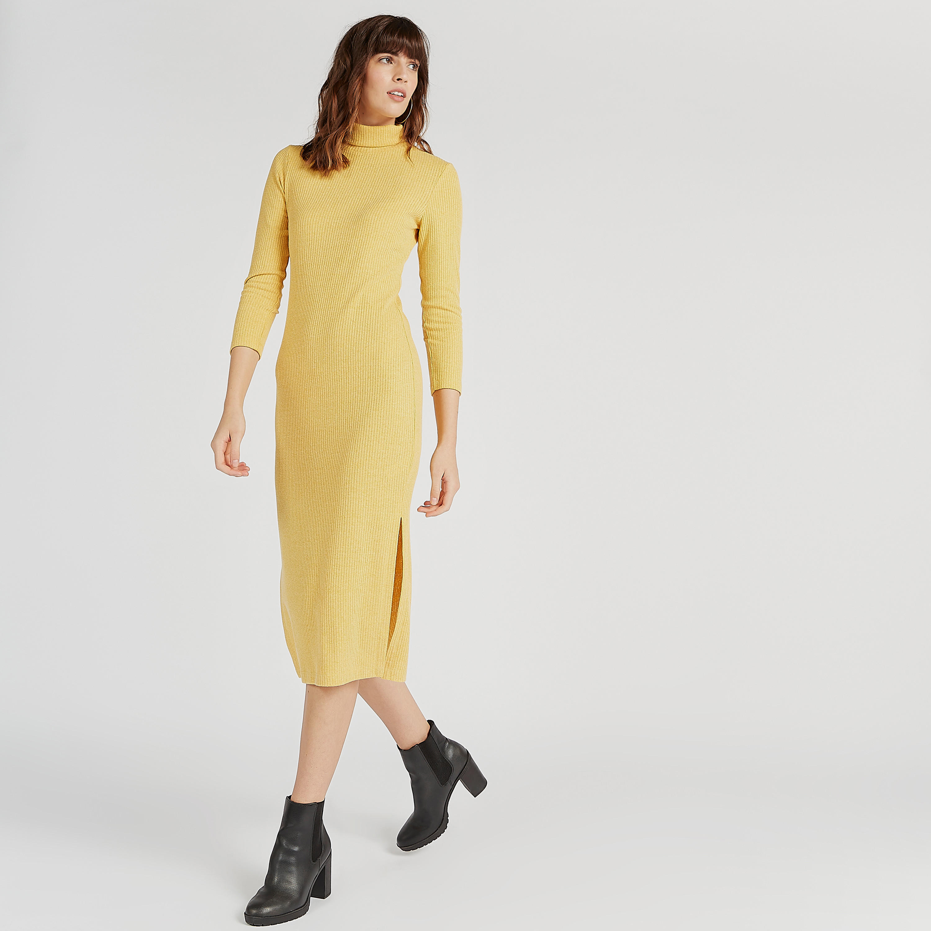 فستان كنزة مضلع واسع بأكمام 3/4 وياقة عالية-women-clothing-dresses-image-6