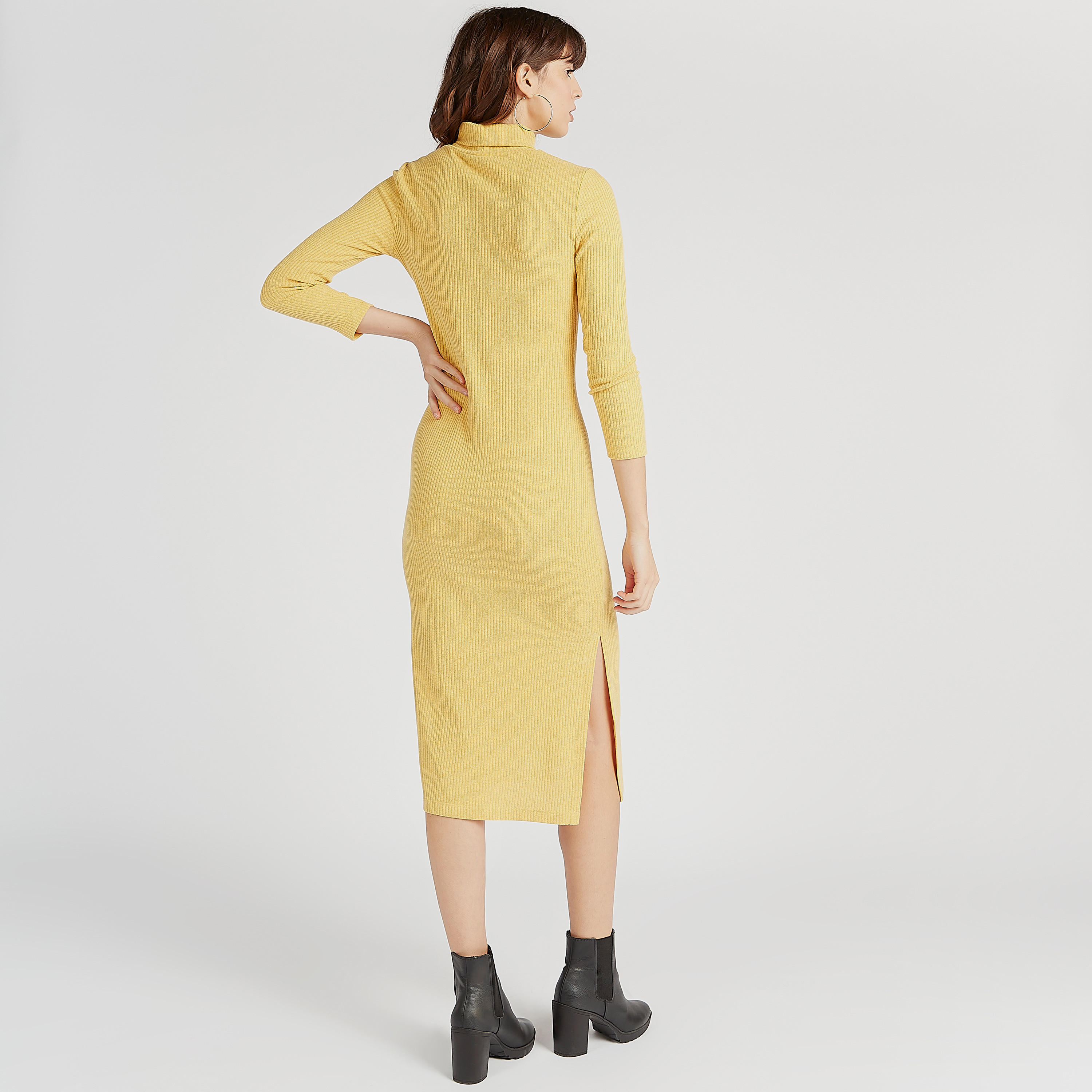 فستان كنزة مضلع واسع بأكمام 3/4 وياقة عالية-women-clothing-dresses-image-4