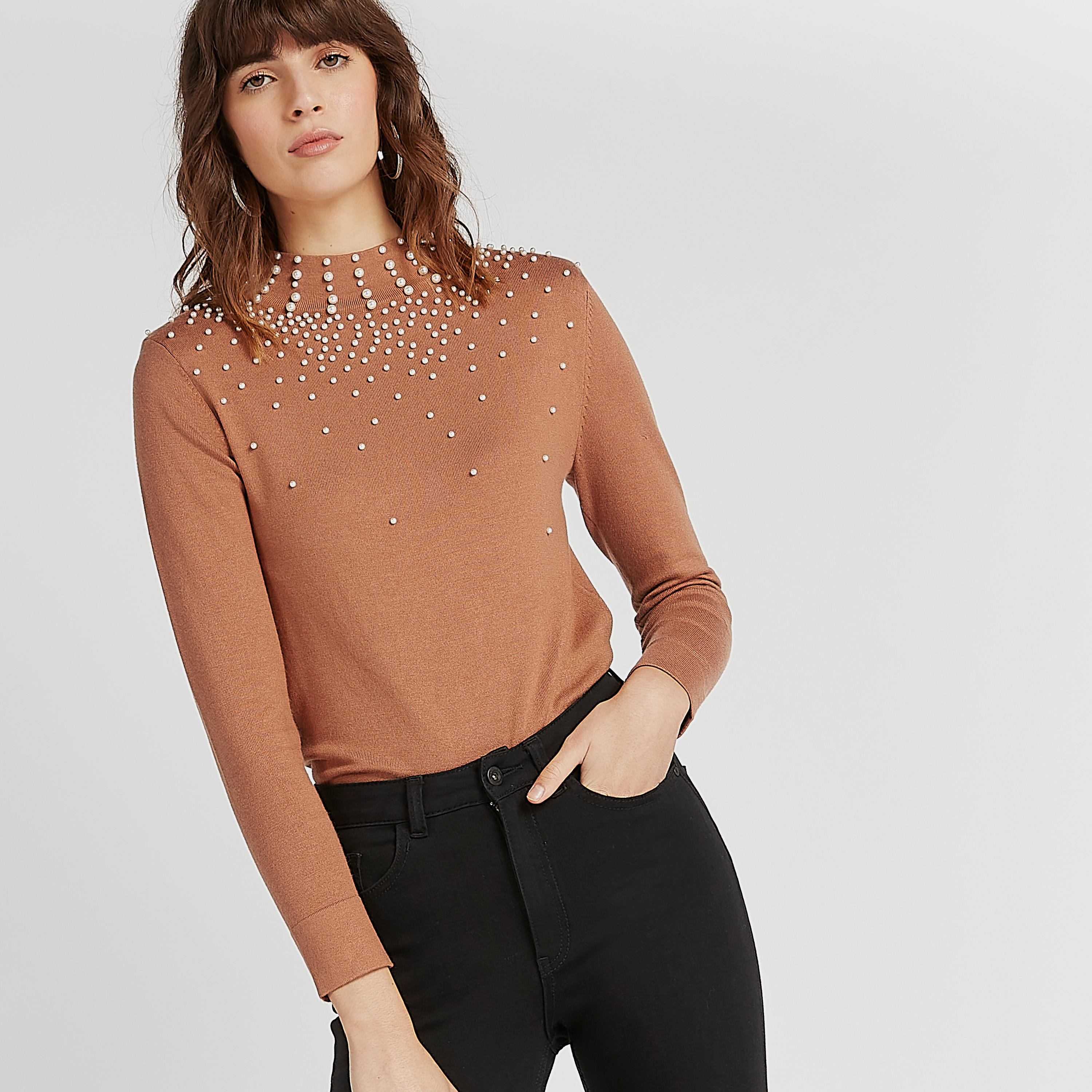 كنزة مزينة بياقة عالية وأكمام طويلة-women-clothing-cardigansandjumpers-jumpers-image-1