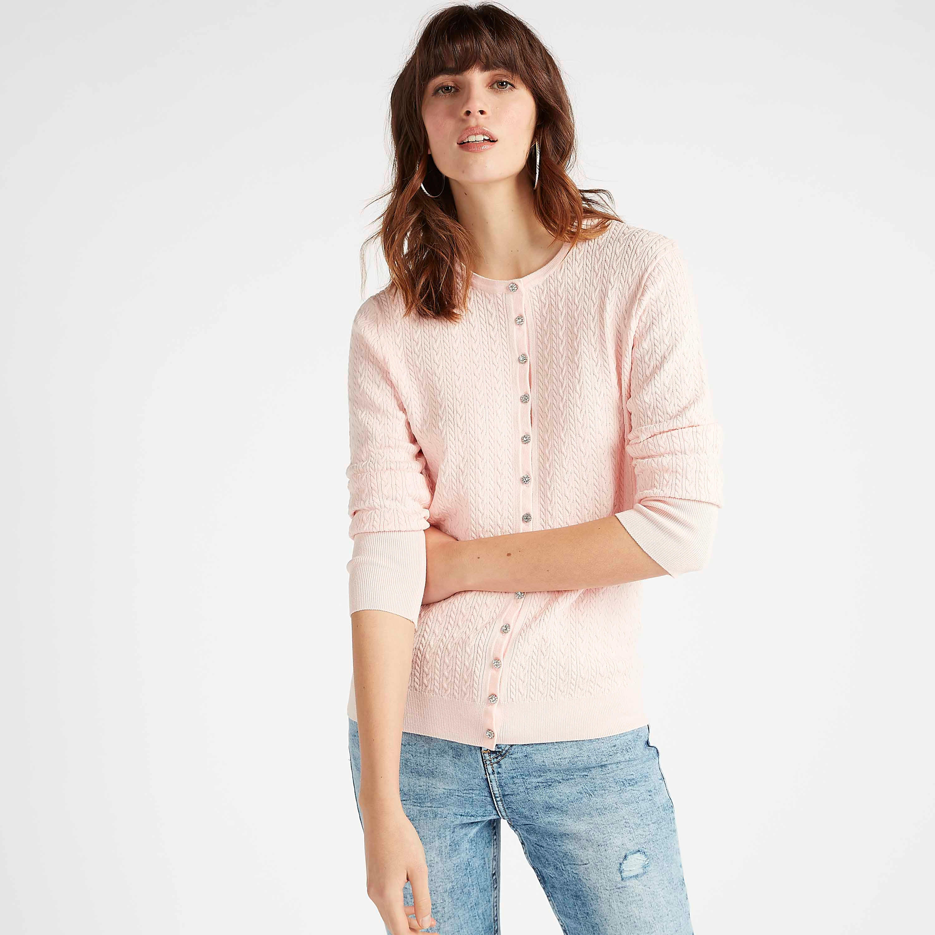 كارديجان بارز الملمس بأكمام طويلة وأزرار مرصّعة-women-winterwear-cardigansandjumpers-cardigans-image-1