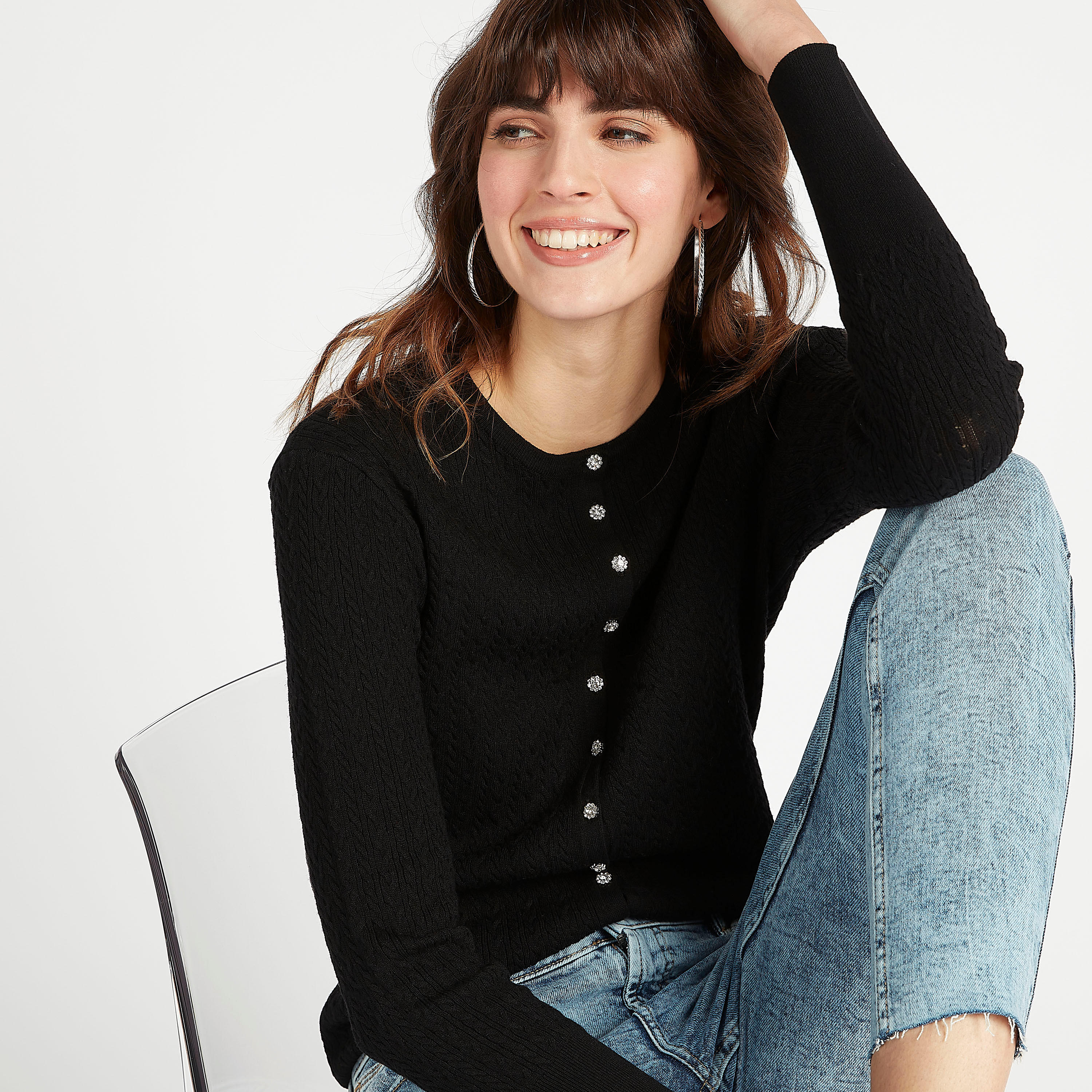 Textured Cardigan with Embellished Buttons and Long Sleeves-women-winterwear-cardigansandjumpers-cardigans-image-1