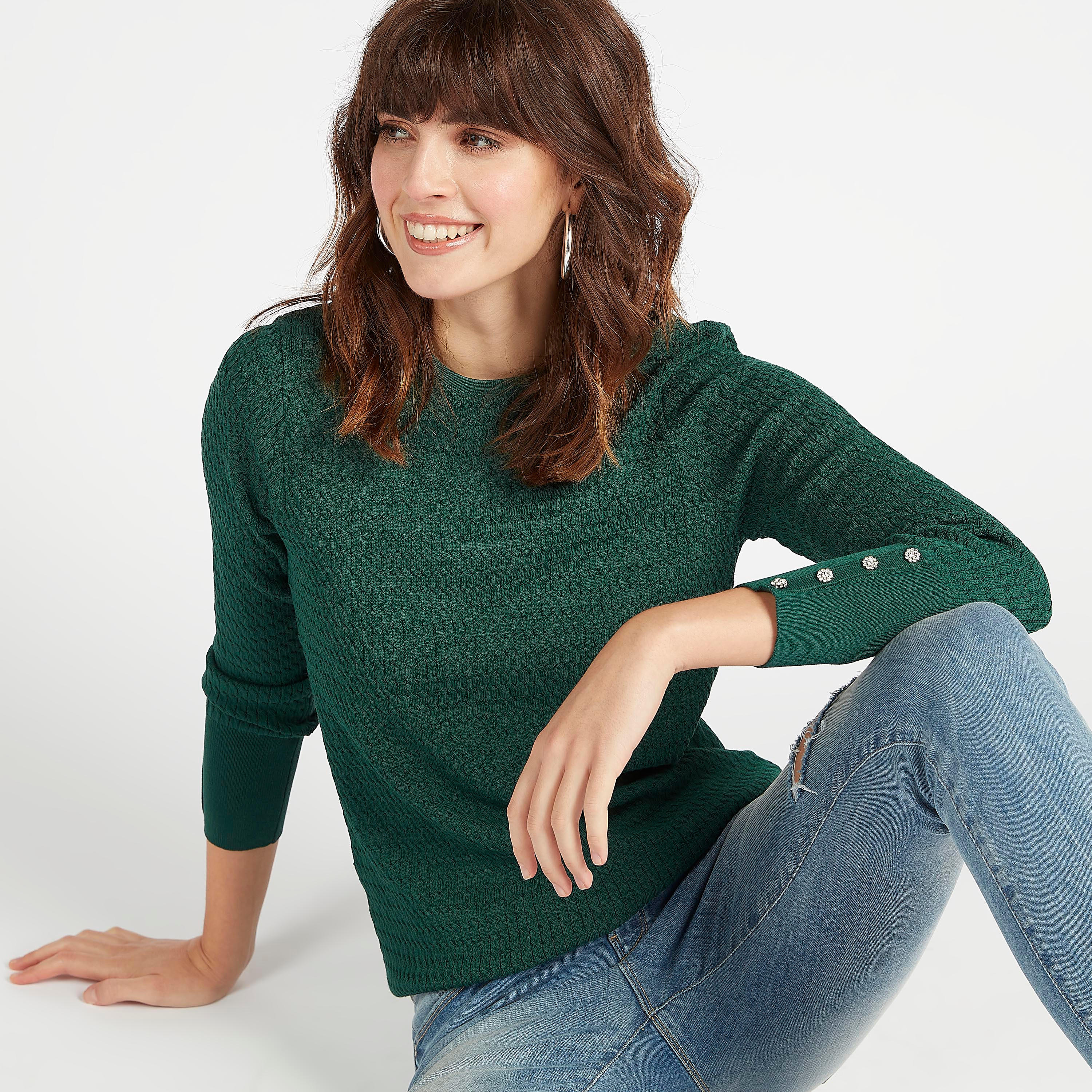 Textured Crew Neck Sweater with Long Sleeves-women-clothing-cardigansandjumpers-jumpers-image-1