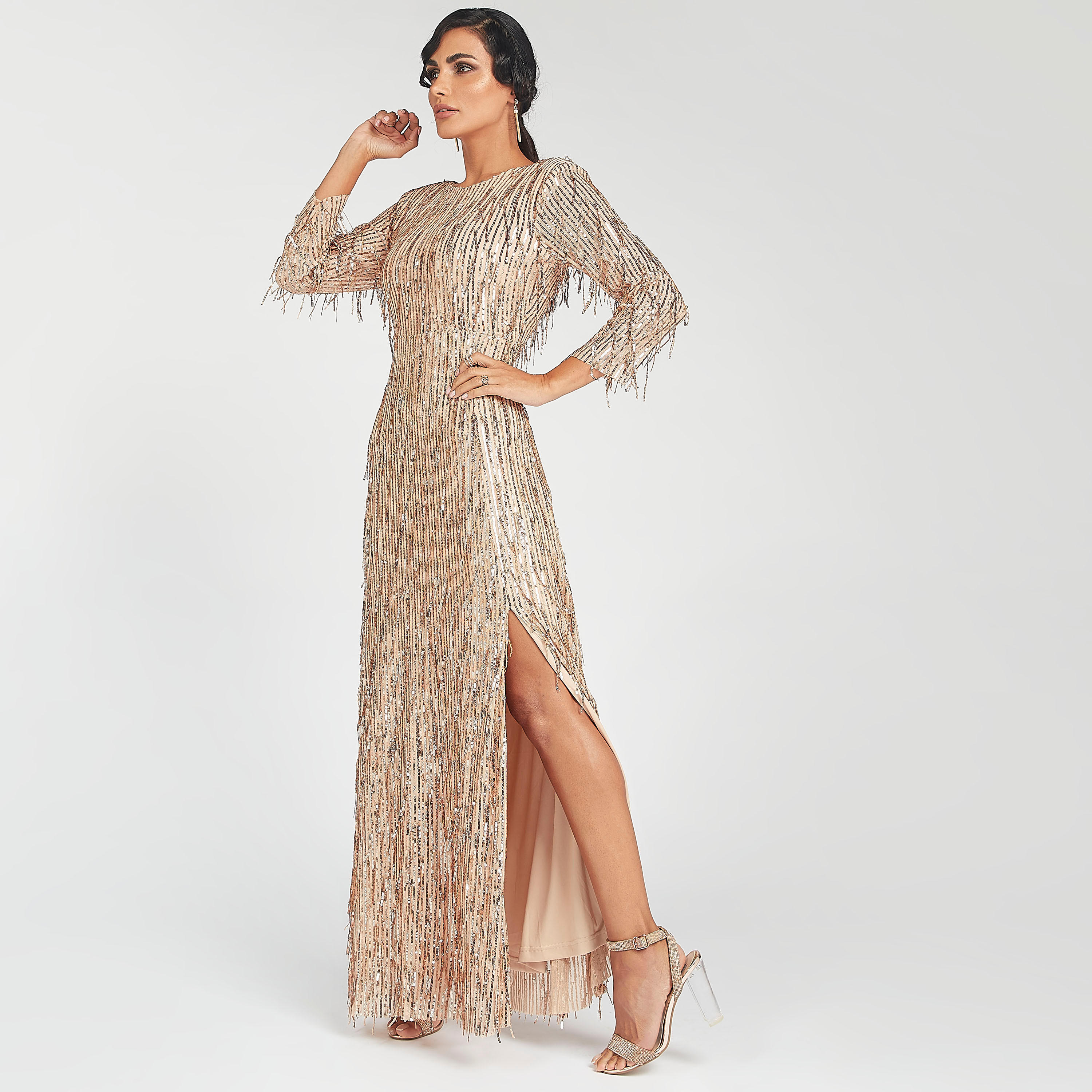 فستان إيه لاين طويل ضيق مزين بأكمام طويلة و فتحة-women-clothing-dresses-image-2