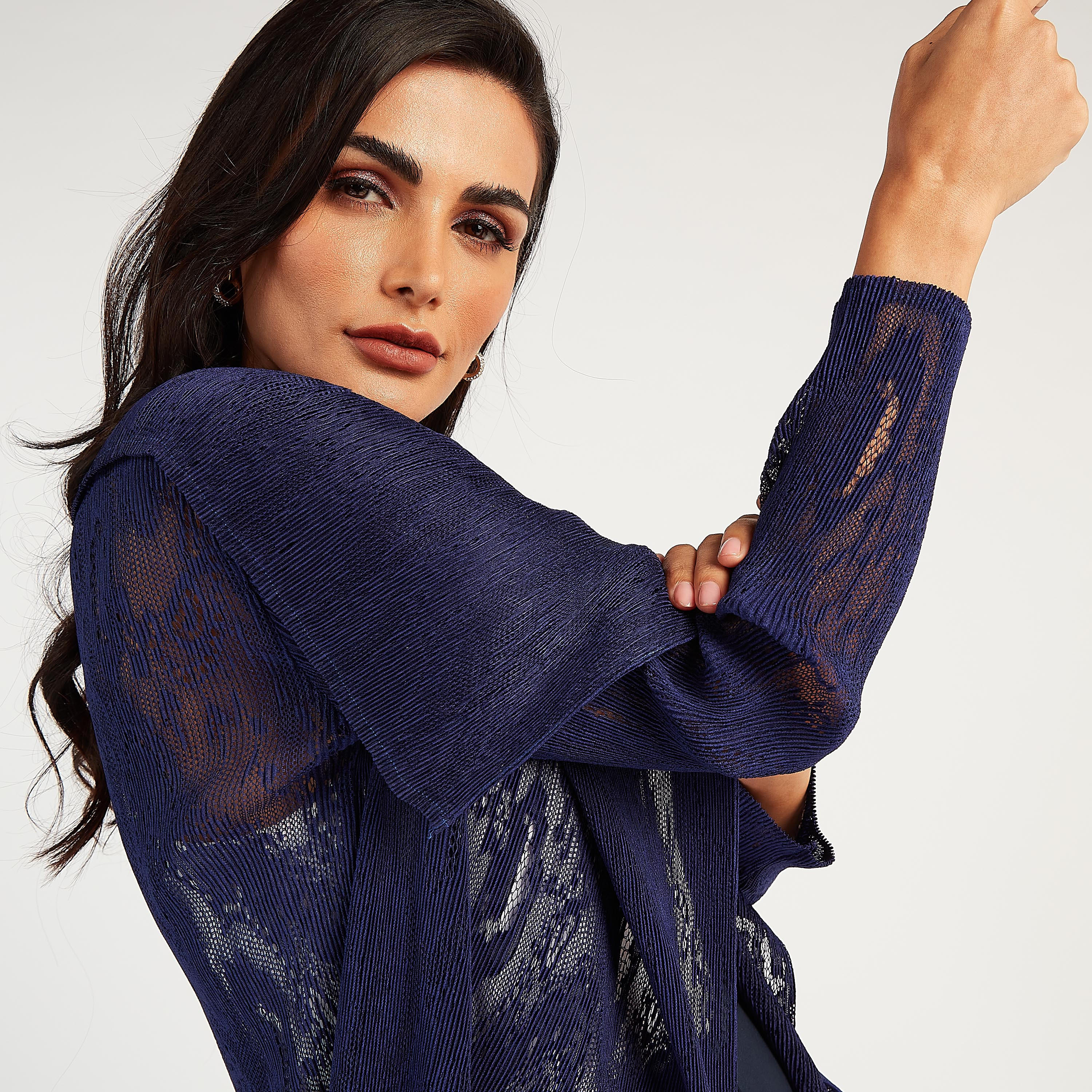 كارديجان طويل بارز الملمس بأكمام طويلة و ياقة منسدلة-women-winterwear-cardigansandjumpers-cardigans-image-5