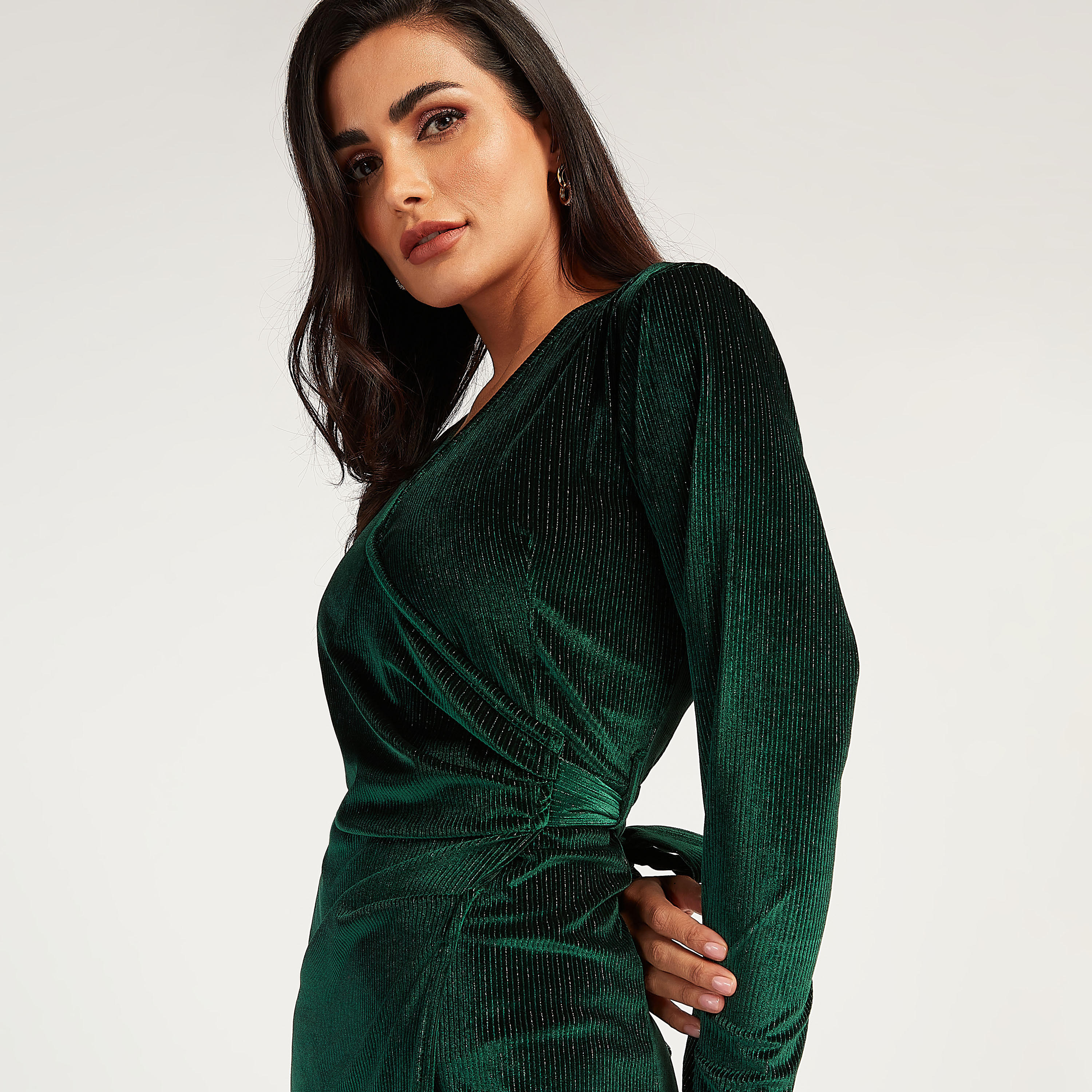 فستان ملفوف ميدي بارز الملمس بأكمام طويلة وأربطة-women-clothing-dresses-image-2