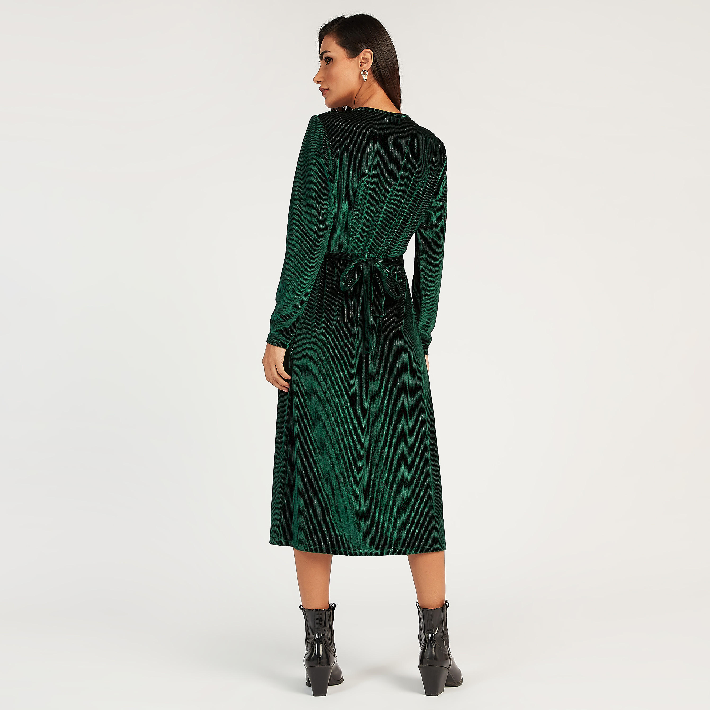 فستان ملفوف ميدي بارز الملمس بأكمام طويلة وأربطة-women-clothing-dresses-image-3