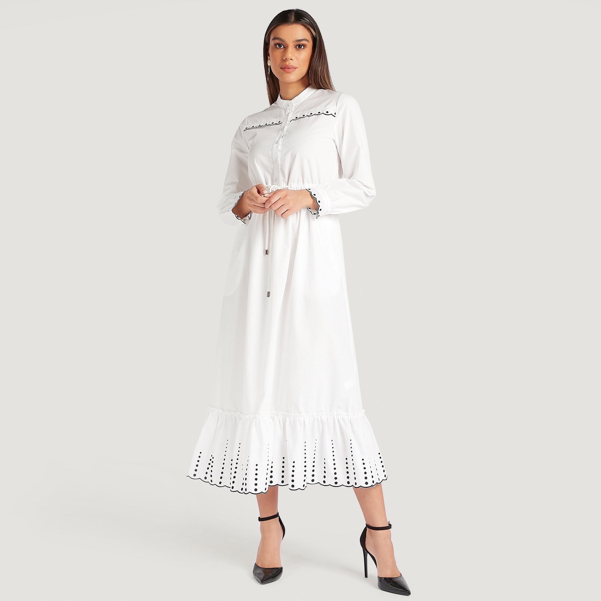 تنّورة إيه لاين ميدي مطرّزة بجيوب وأربطة-women-clothing-dresses-image-1