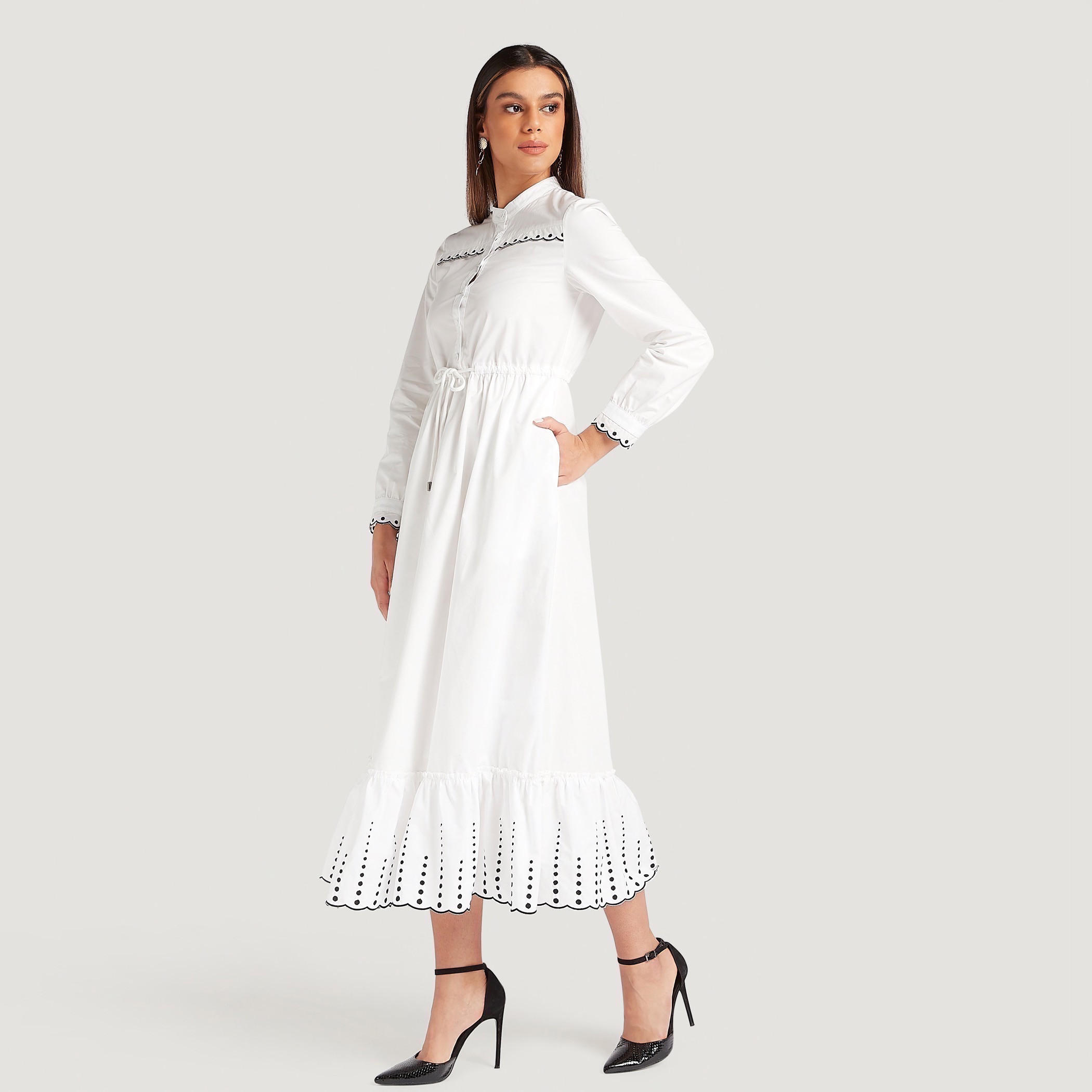 تنّورة إيه لاين ميدي مطرّزة بجيوب وأربطة-women-clothing-dresses-image-7