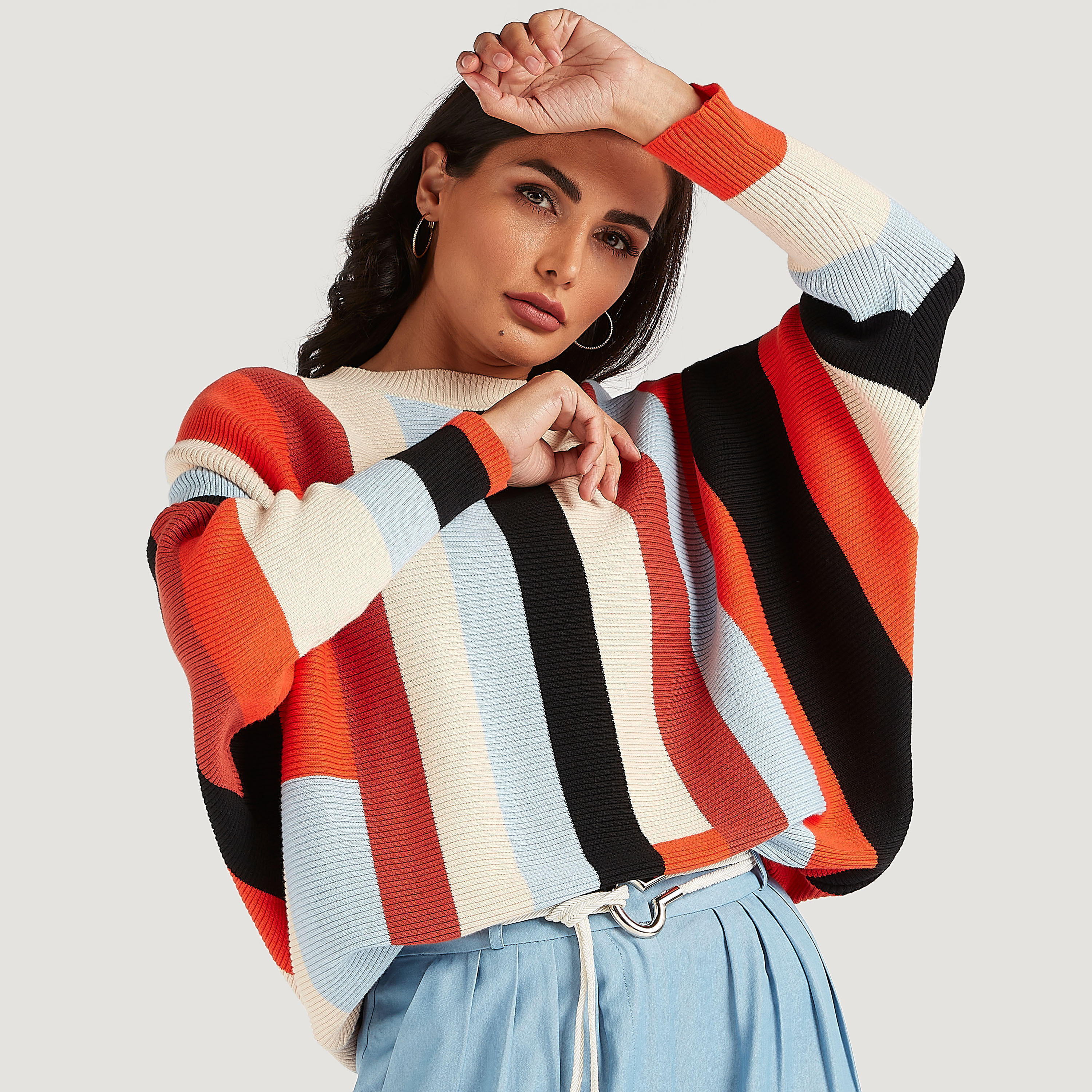 Textured Longline Sweater with Crew Neck and Long Sleeves-women-winterwear-hoodiesandsweatshirts-sweatshirts-image-1