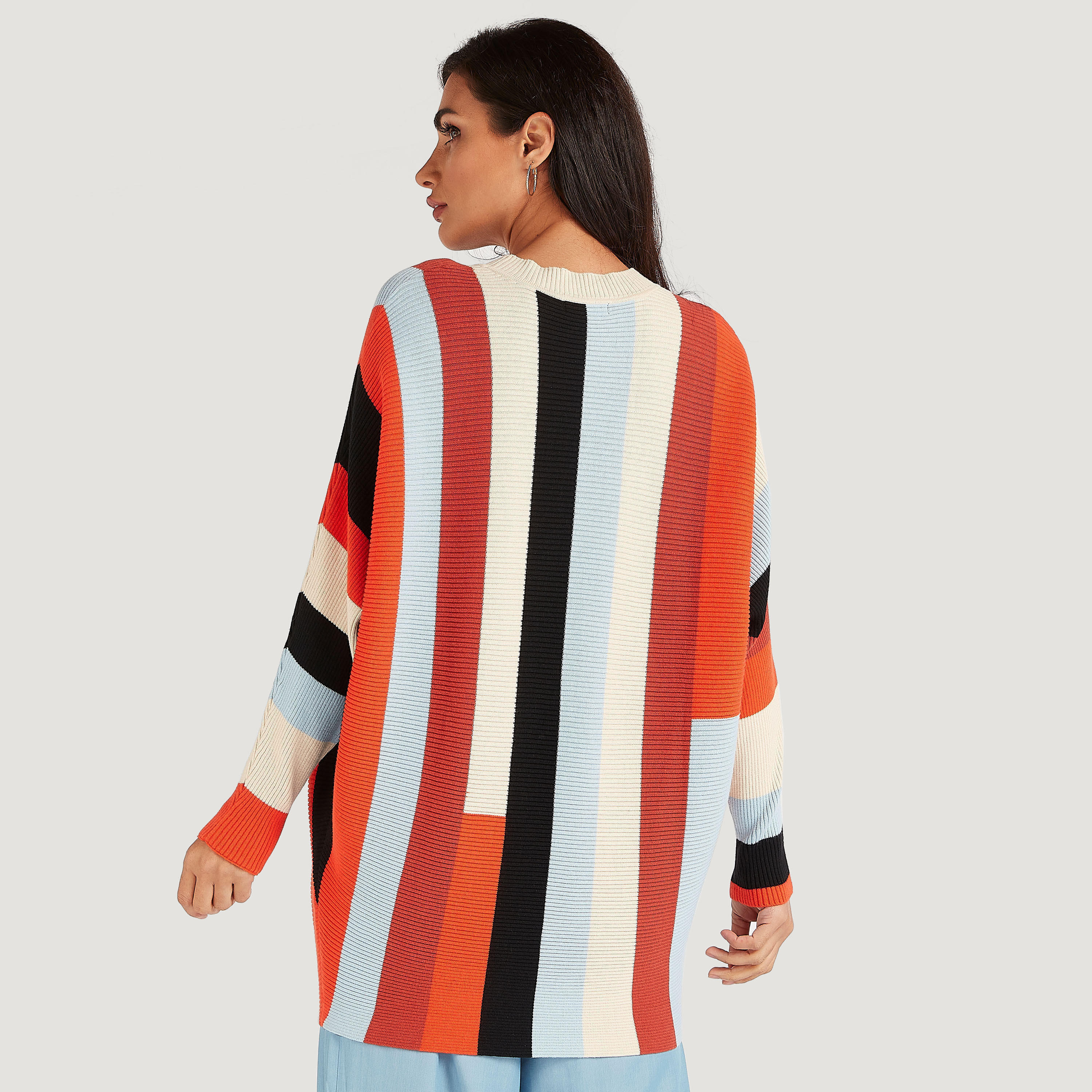 Textured Longline Sweater with Crew Neck and Long Sleeves-women-winterwear-hoodiesandsweatshirts-sweatshirts-image-4