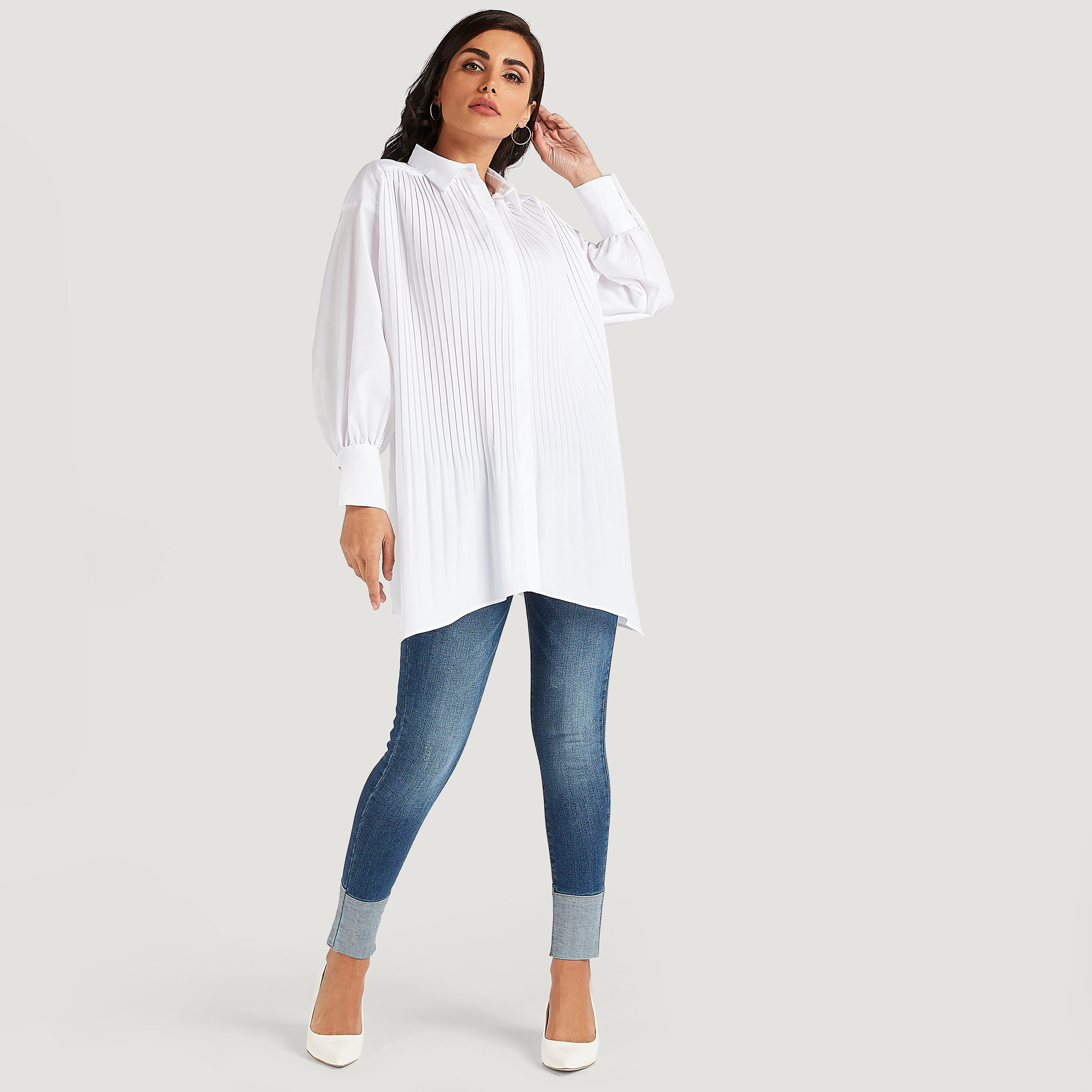 قميص طويل بكُسرات وأكمام بيشوب-women-clothing-shirtsandblouses-shirts-image-2