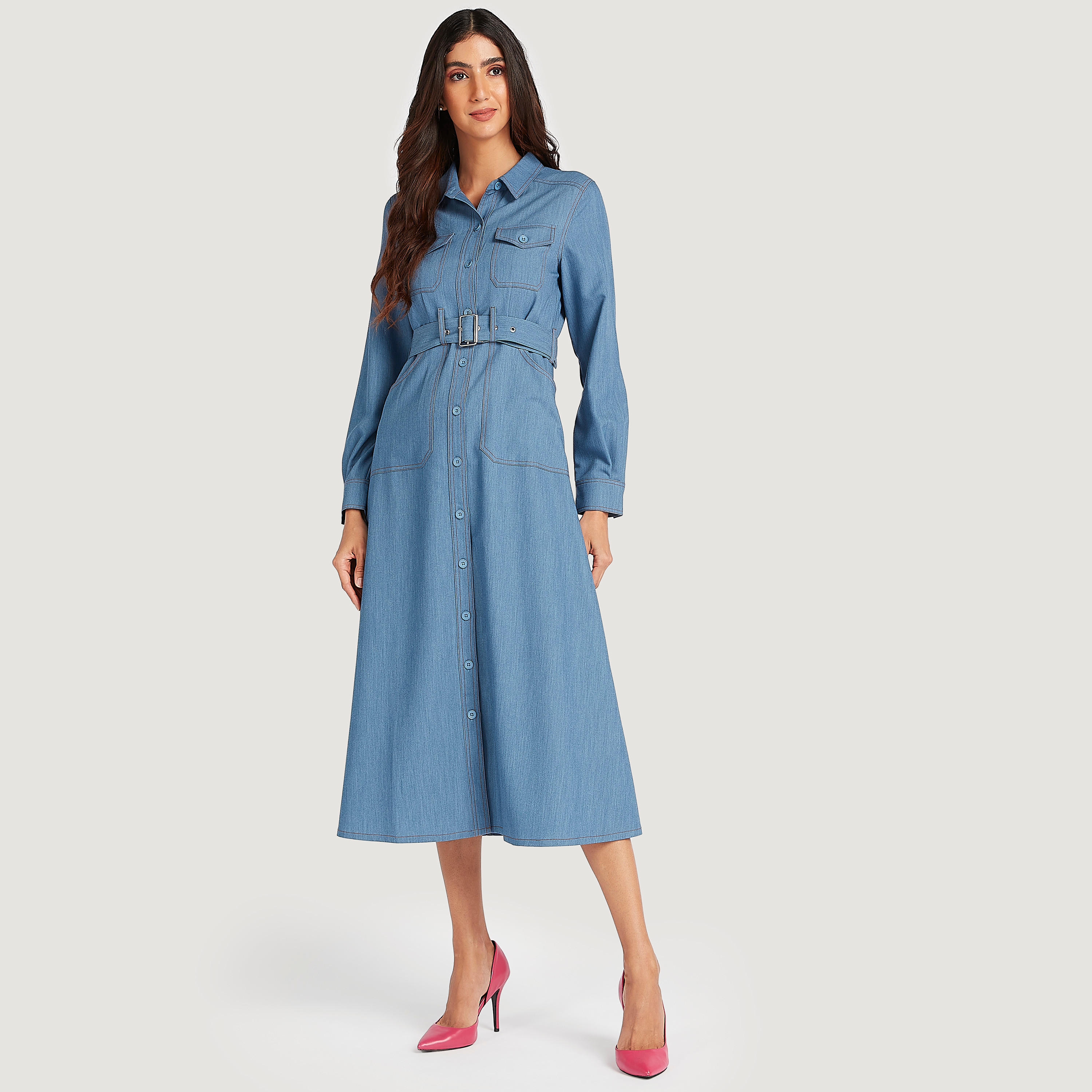 فستان ميدي سادة بياقة عادية وحزام وأكمام طويلة-women-clothing-dresses-image-6