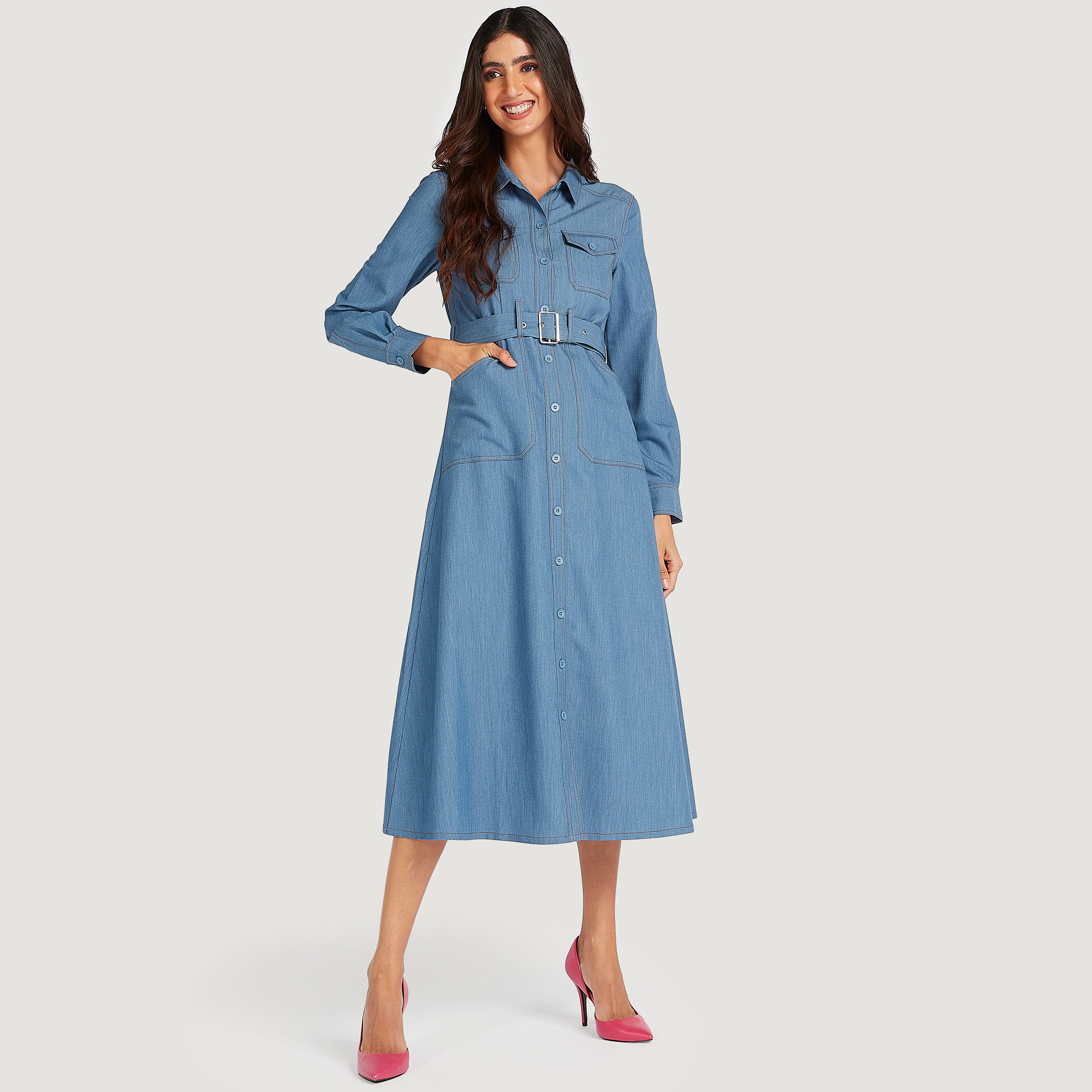 فستان ميدي سادة بياقة عادية وحزام وأكمام طويلة-women-clothing-dresses-image-5