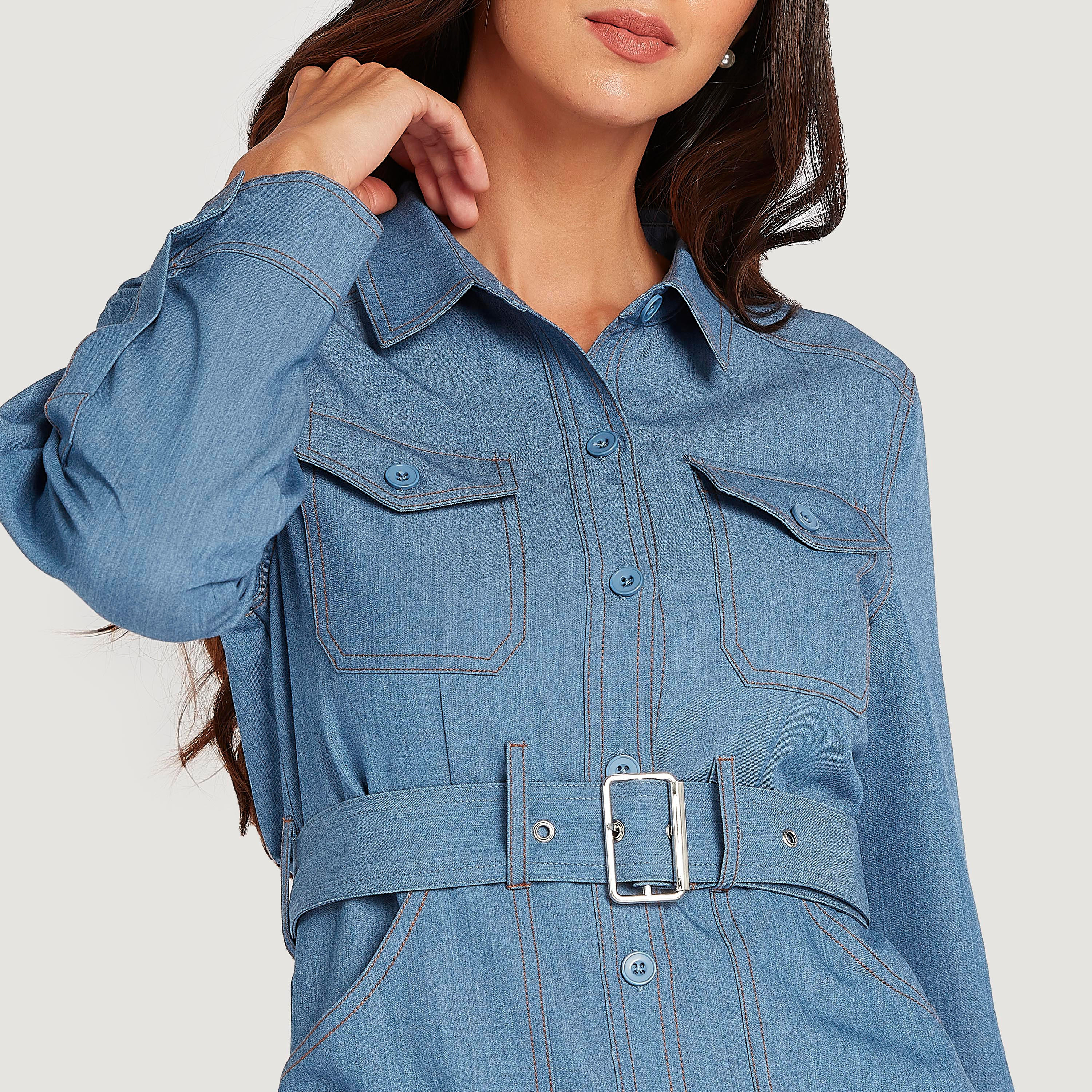 فستان ميدي سادة بياقة عادية وحزام وأكمام طويلة-women-clothing-dresses-image-4