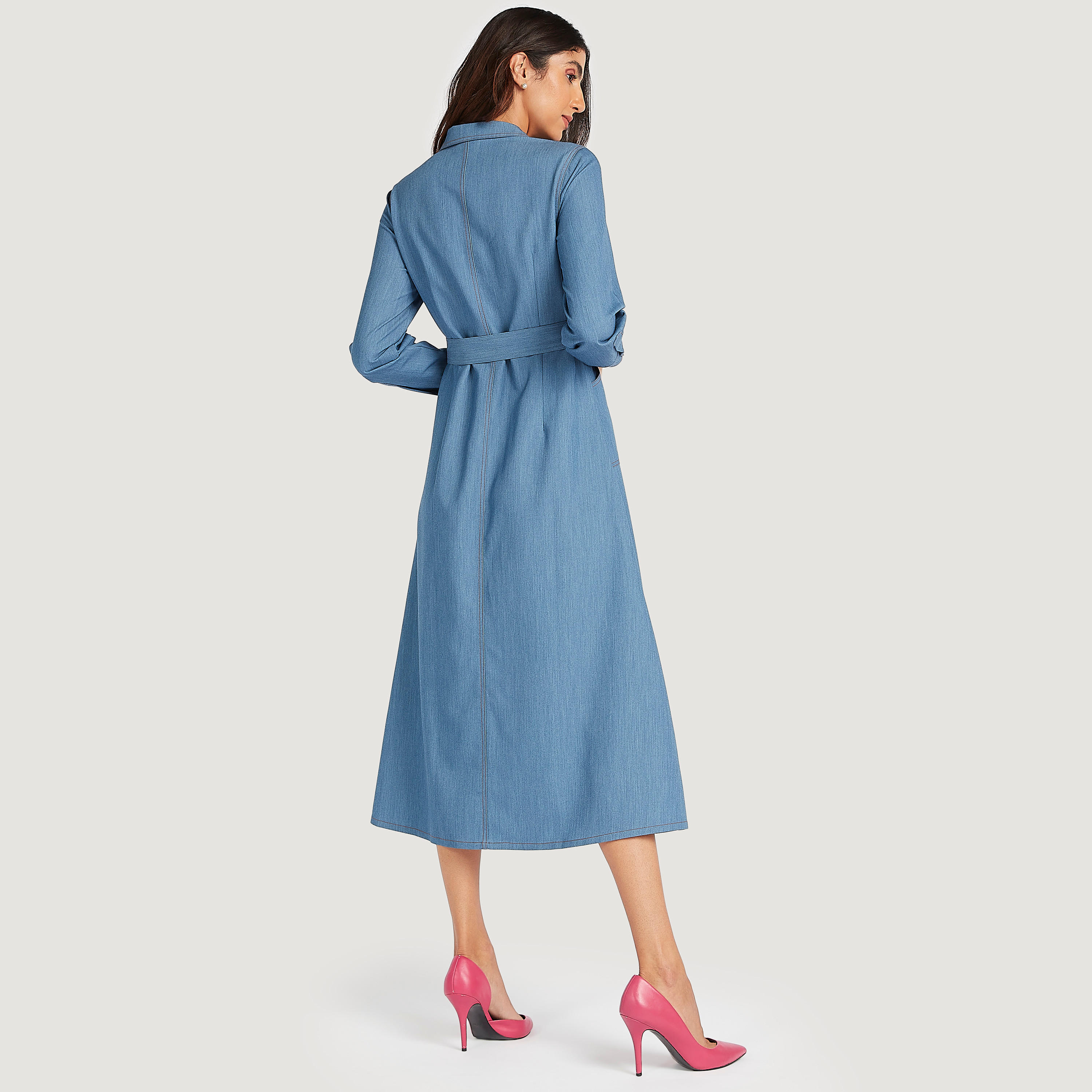 فستان ميدي سادة بياقة عادية وحزام وأكمام طويلة-women-clothing-dresses-image-3