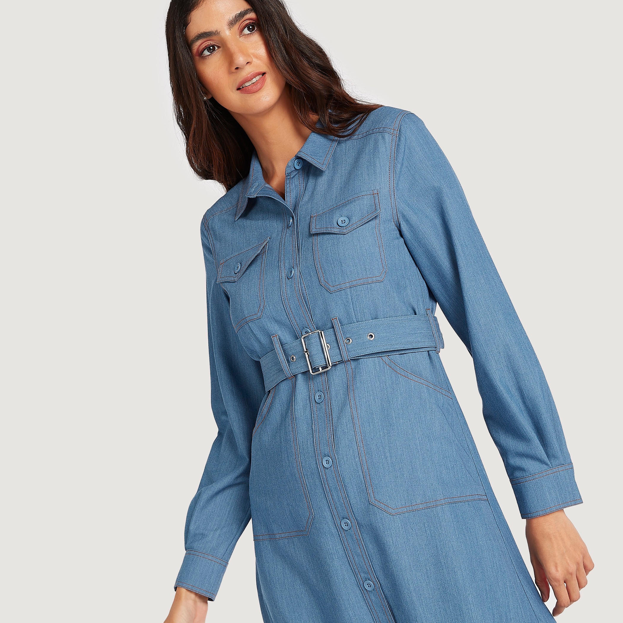 فستان ميدي سادة بياقة عادية وحزام وأكمام طويلة-women-clothing-dresses-image-2