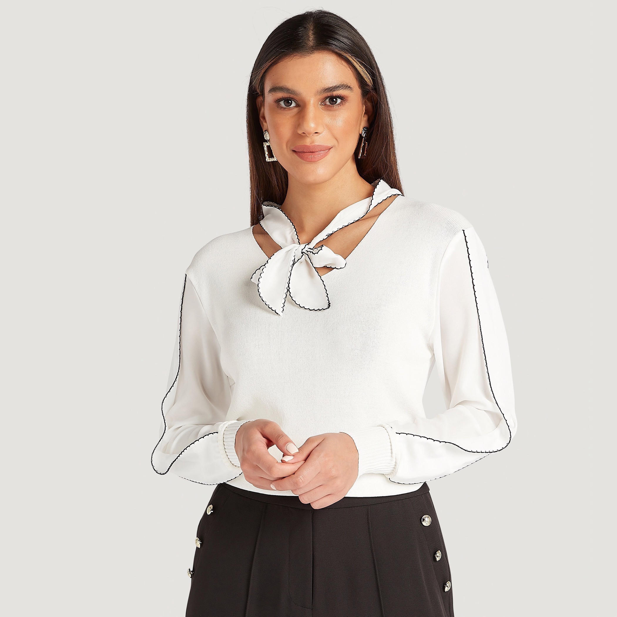 كنزة سادة بأكمام طويلة وياقة برباط-women-clothing-cardigansandjumpers-jumpers-image-1