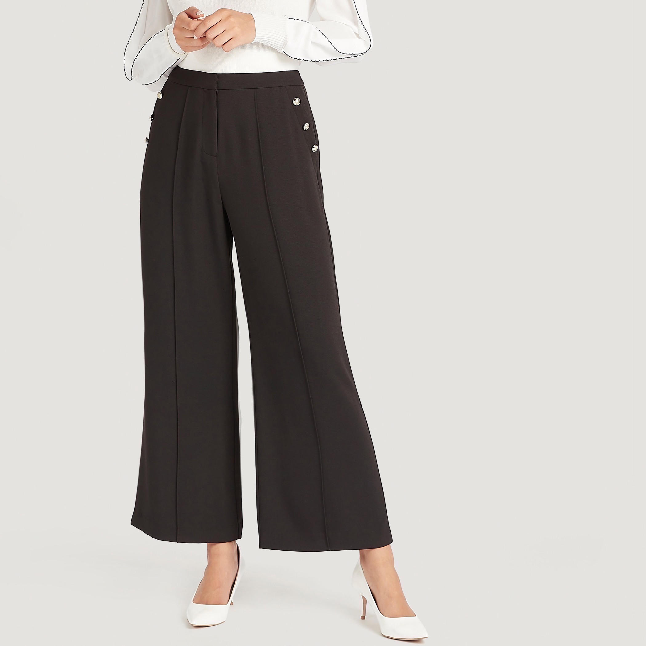 بنطلون واسع سادة بسحّاب إغلاق وتفاصيل دانتيل-women-clothing-bottoms-trousers-image-1