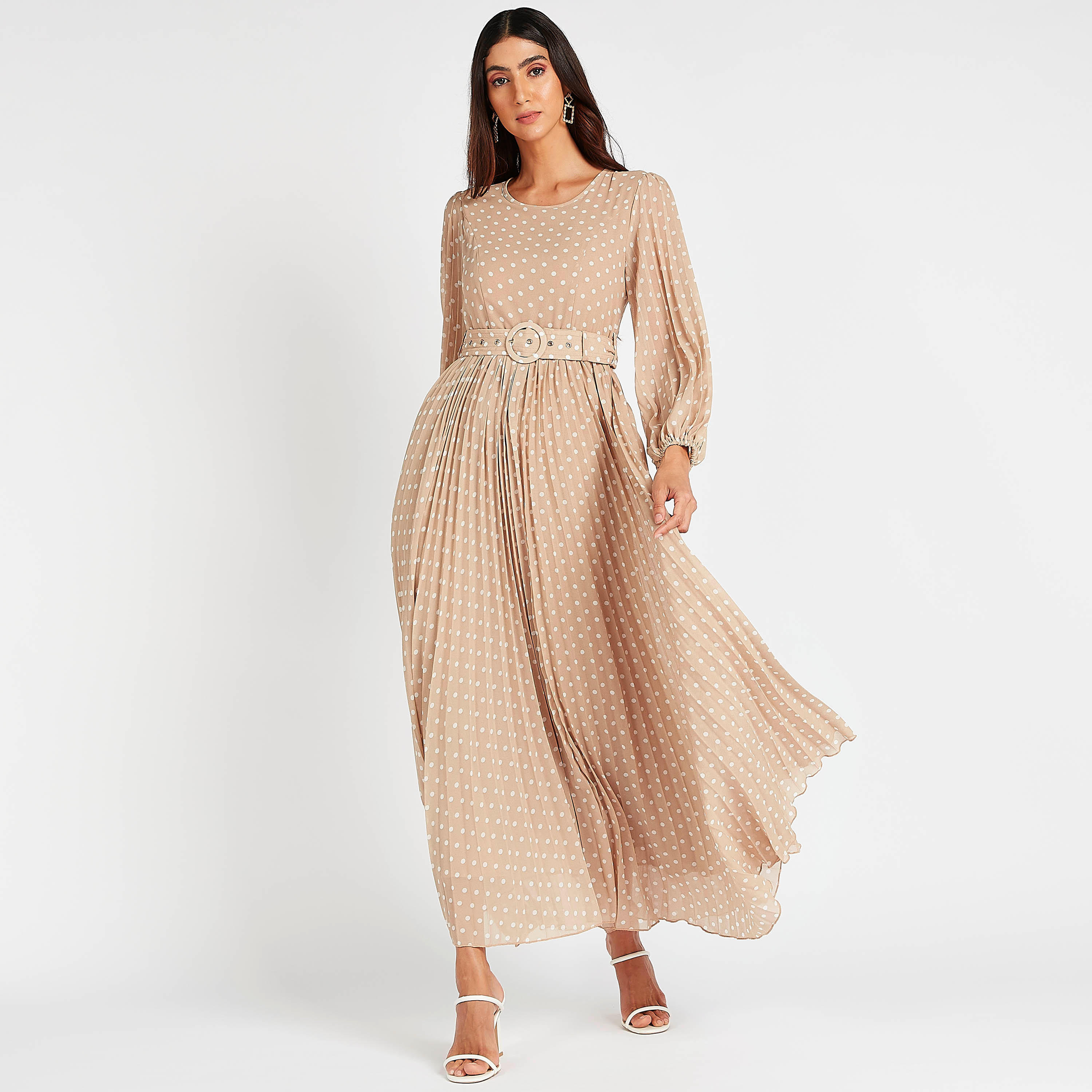 فستان طويل إيه لاين منقّط بأكمام طويلة وحزام-women-clothing-dresses-image-1
