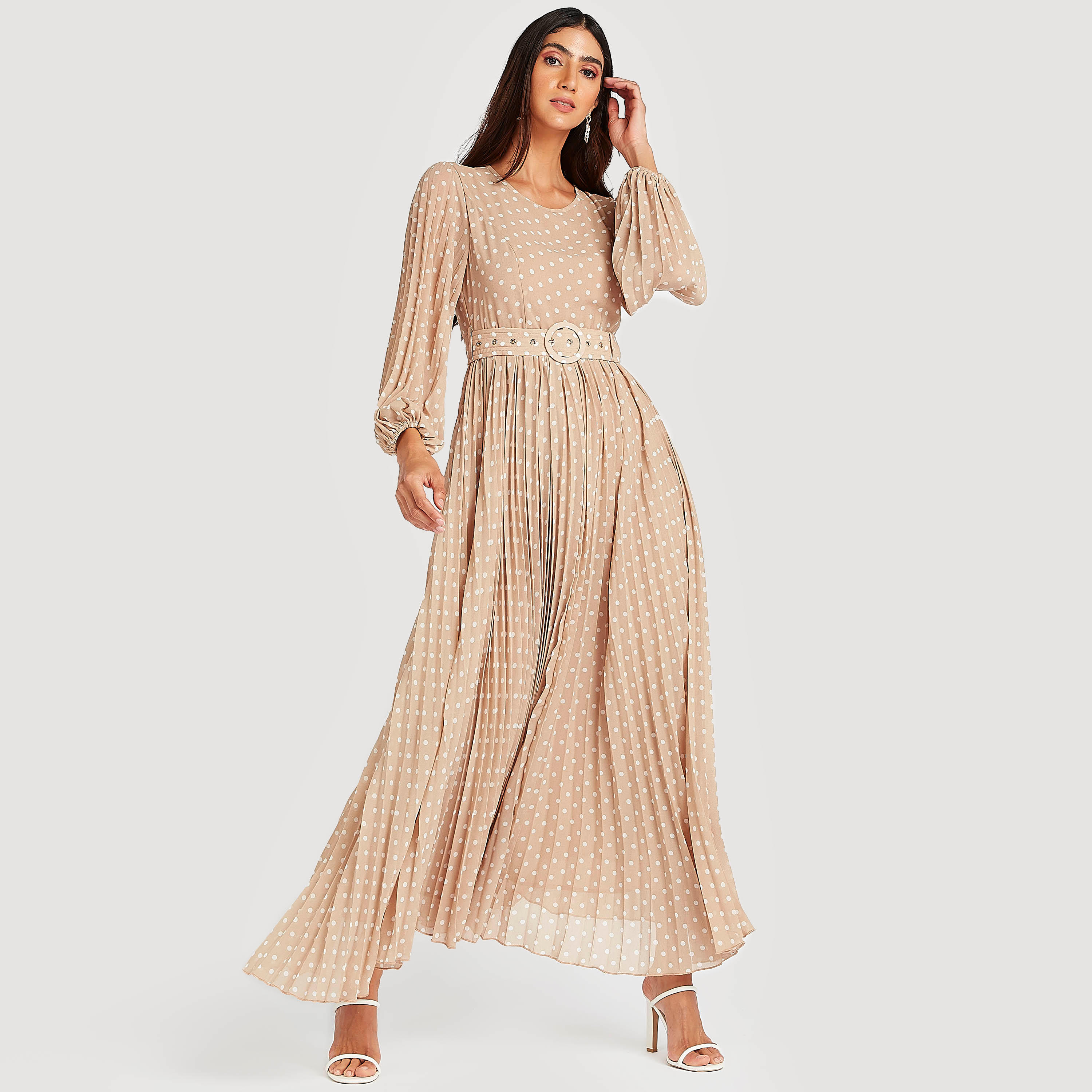 فستان طويل إيه لاين منقّط بأكمام طويلة وحزام-women-clothing-dresses-image-2