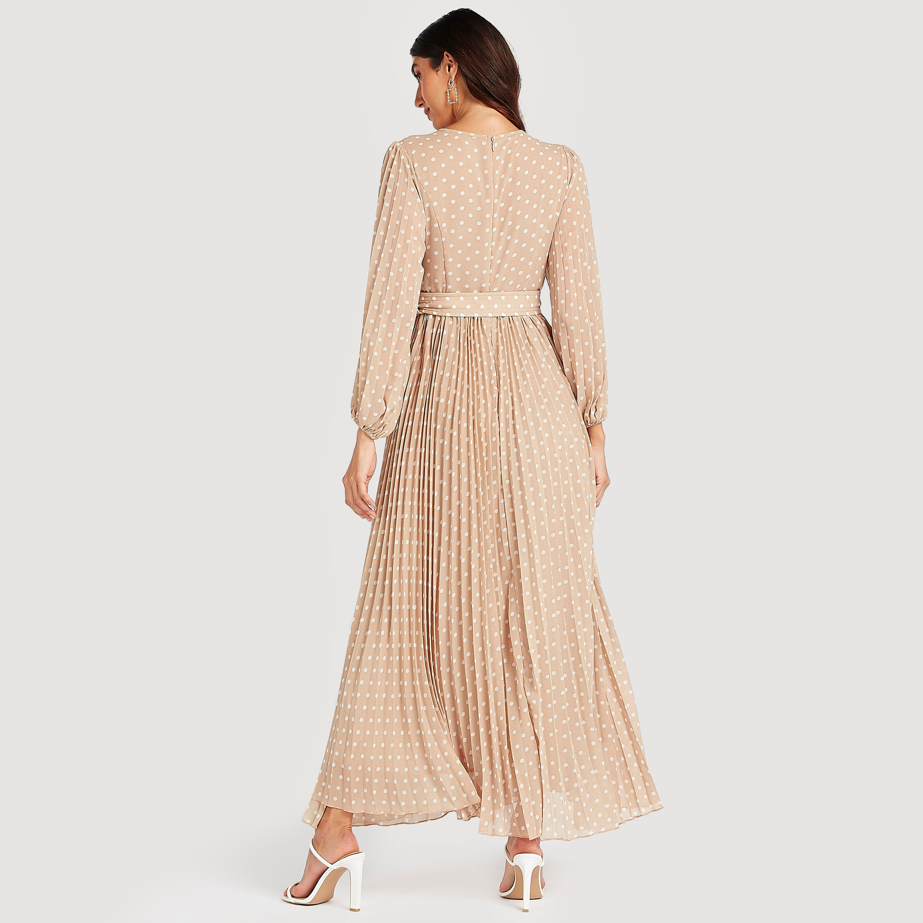 فستان طويل إيه لاين منقّط بأكمام طويلة وحزام-women-clothing-dresses-image-4