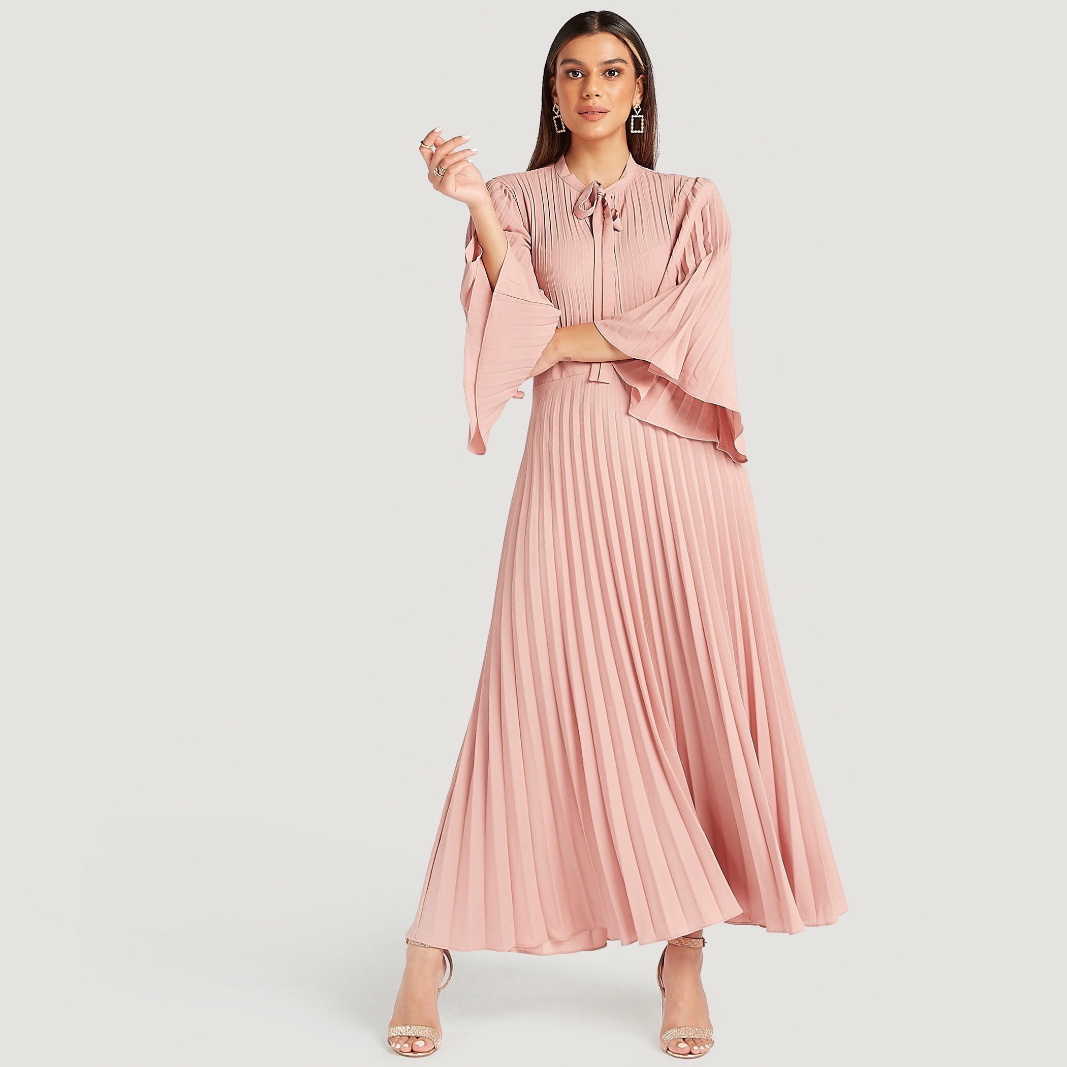 فستان إيه لاين طويل بطبعات أزهار وأكمام واسعة طويلة وكشكشة-women-clothing-dresses-image-1