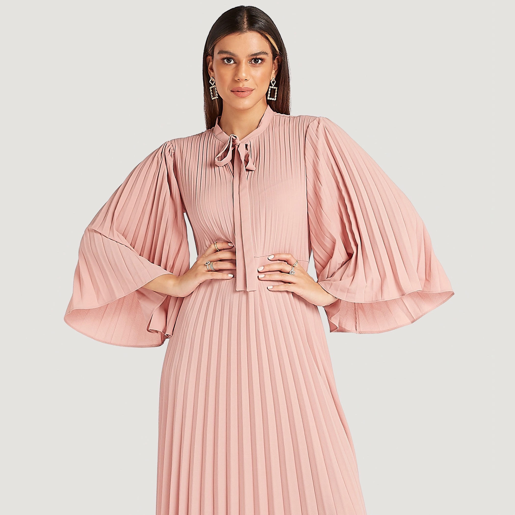 فستان إيه لاين طويل بطبعات أزهار وأكمام واسعة طويلة وكشكشة-women-clothing-dresses-image-3