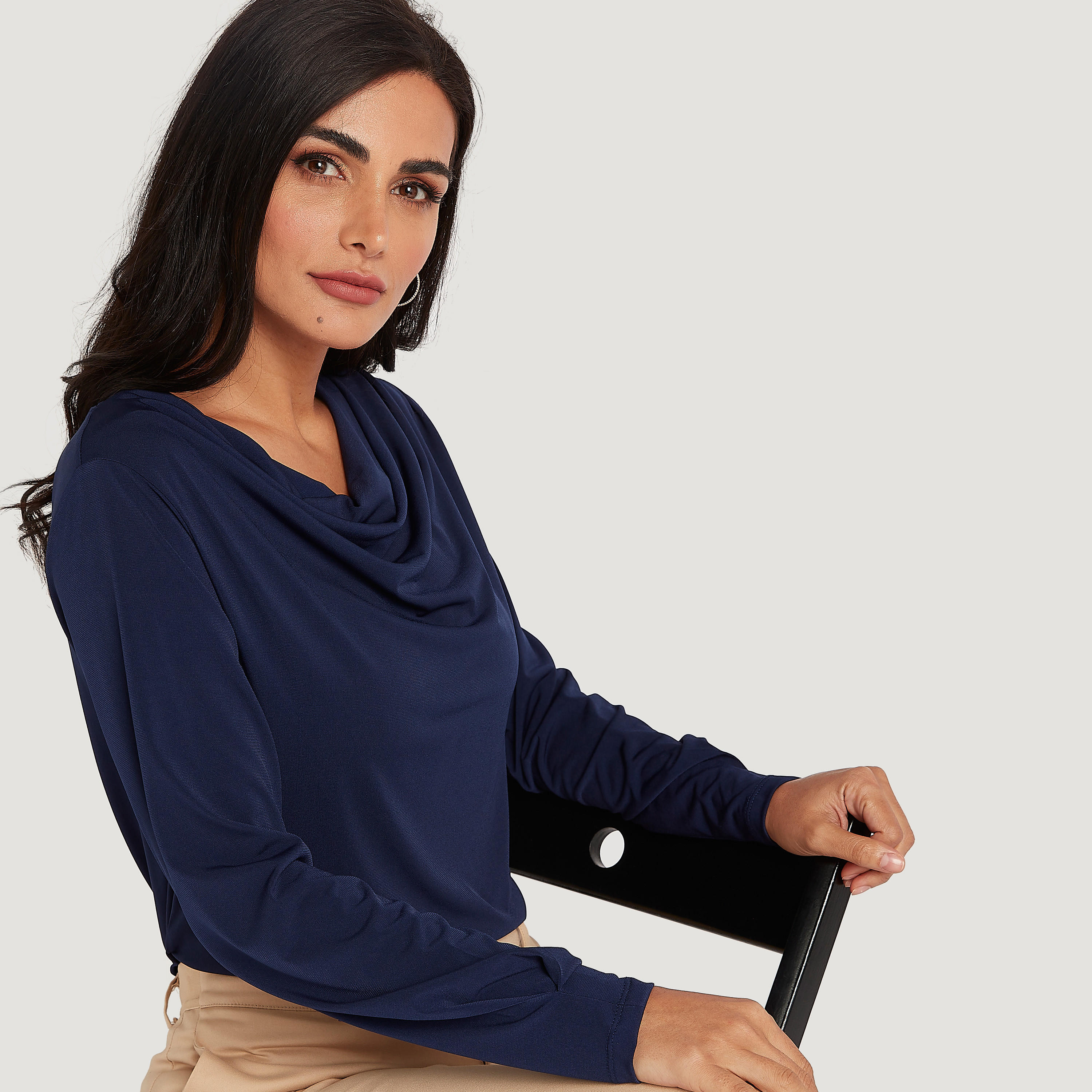 Solid Cowl Neck Top with Long Sleeves-women-clothing-shirtsandblouses-blouses-image-1