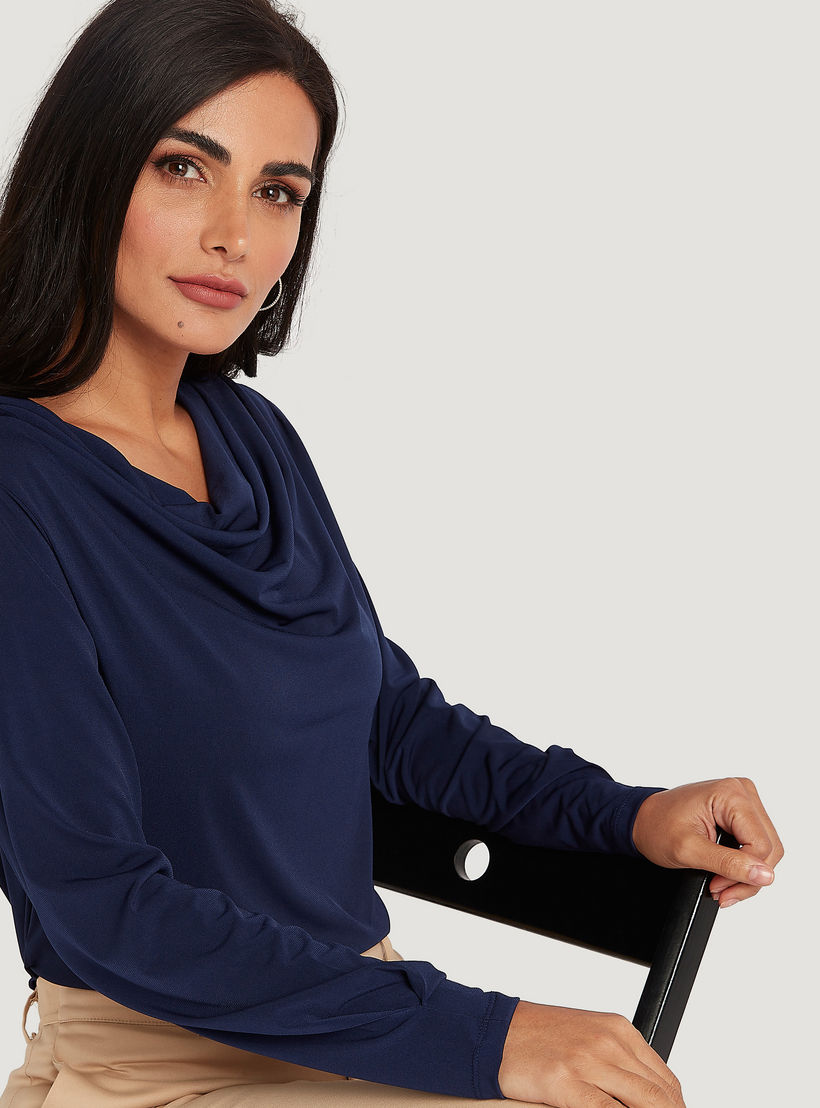 Solid Cowl Neck Top with Long Sleeves-women-clothing-shirtsandblouses-blouses-image-1