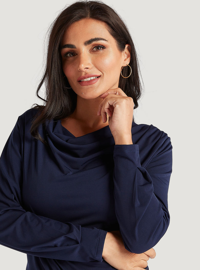 Solid Cowl Neck Top with Long Sleeves-women-clothing-shirtsandblouses-blouses-image-3