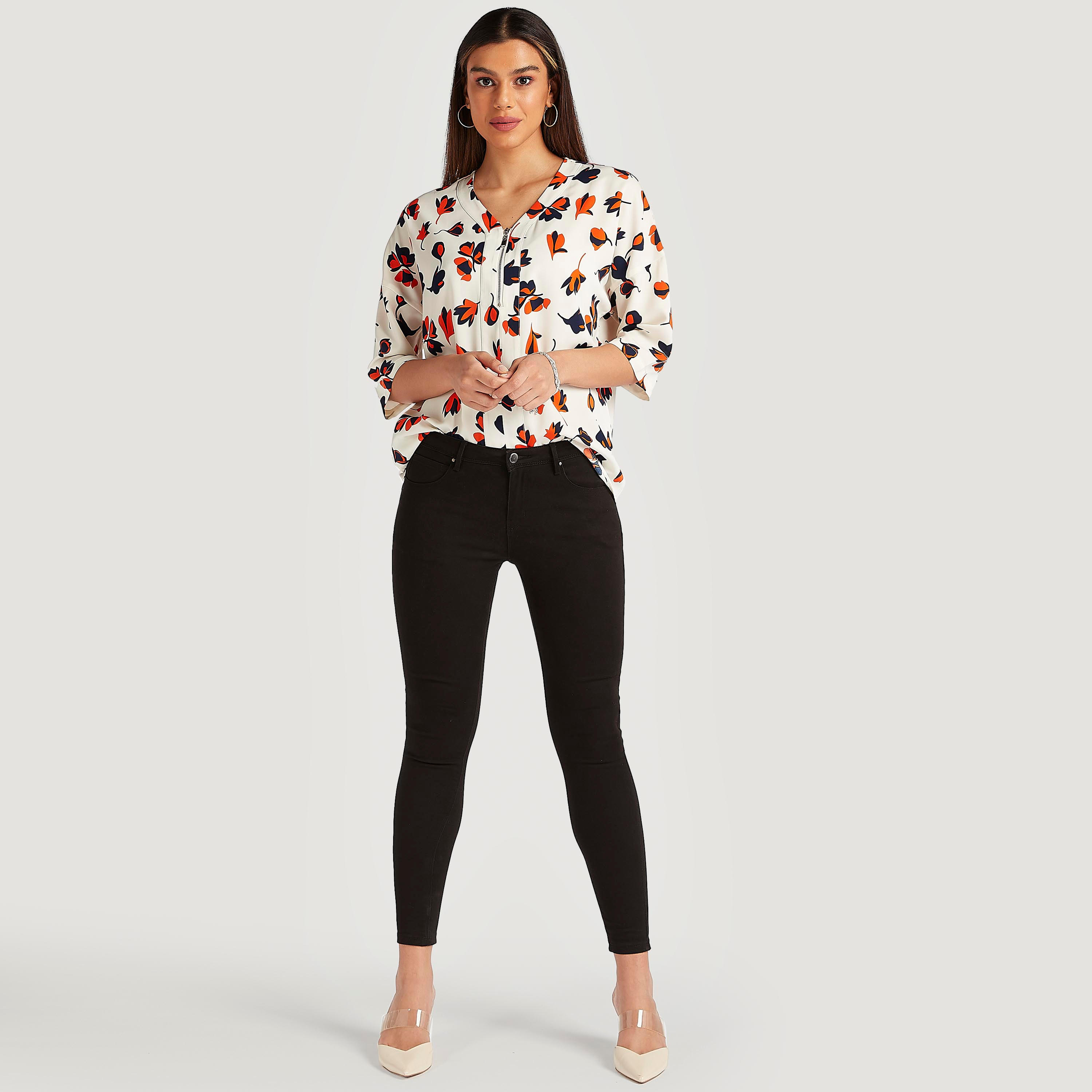 فستان بطبعات أزهار وياقة V وأكمام 3/4 وسحاب-women-clothing-shirtsandblouses-blouses-image-2