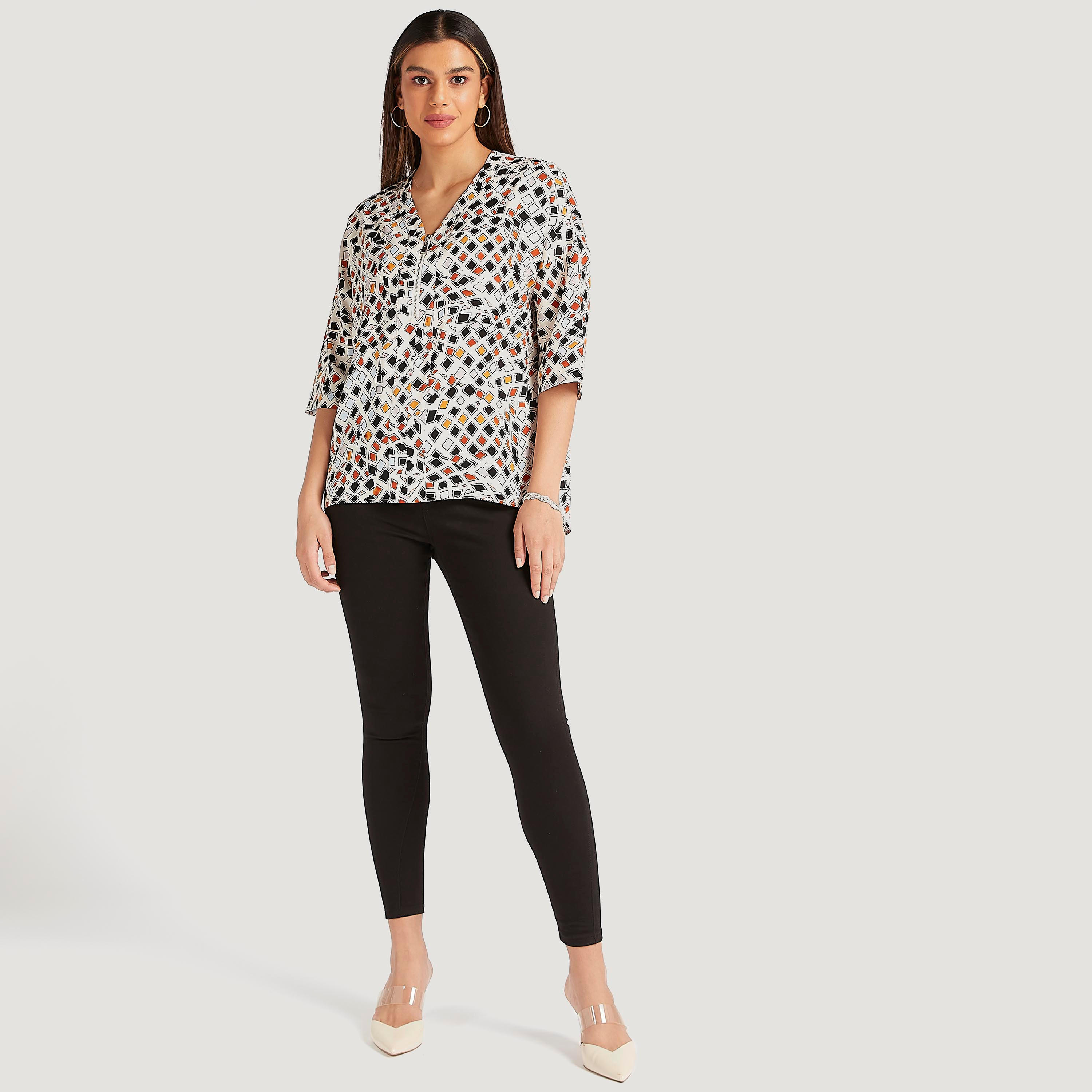 بلوزة بطبعات وياقة V وأكمام 3/4 وسحاب-women-clothing-shirtsandblouses-blouses-image-6