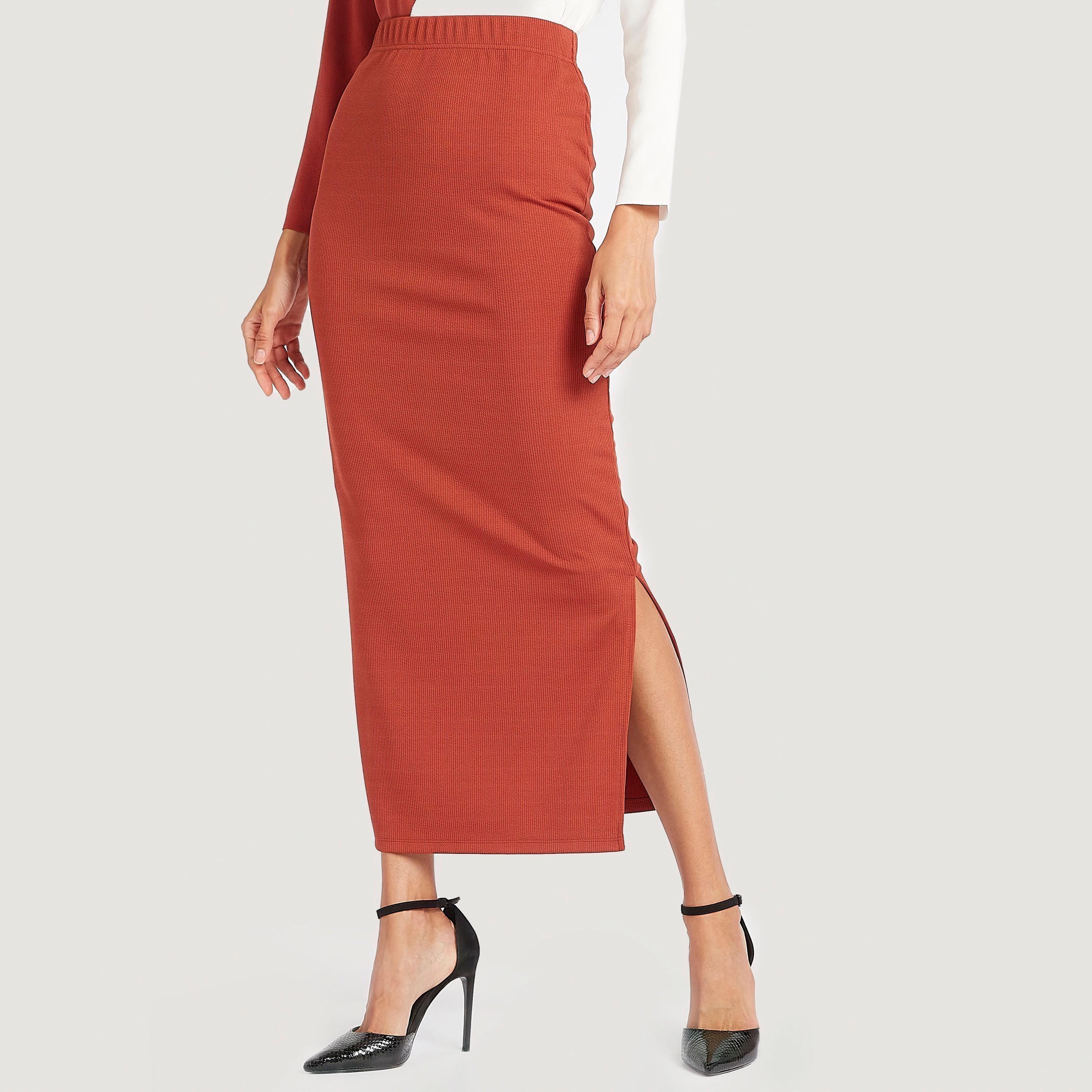 تنّورة ميدي بقصّة ضيّقة مضلّعة بخصر مطّاطي-women-clothing-bottoms-skirts-image-1