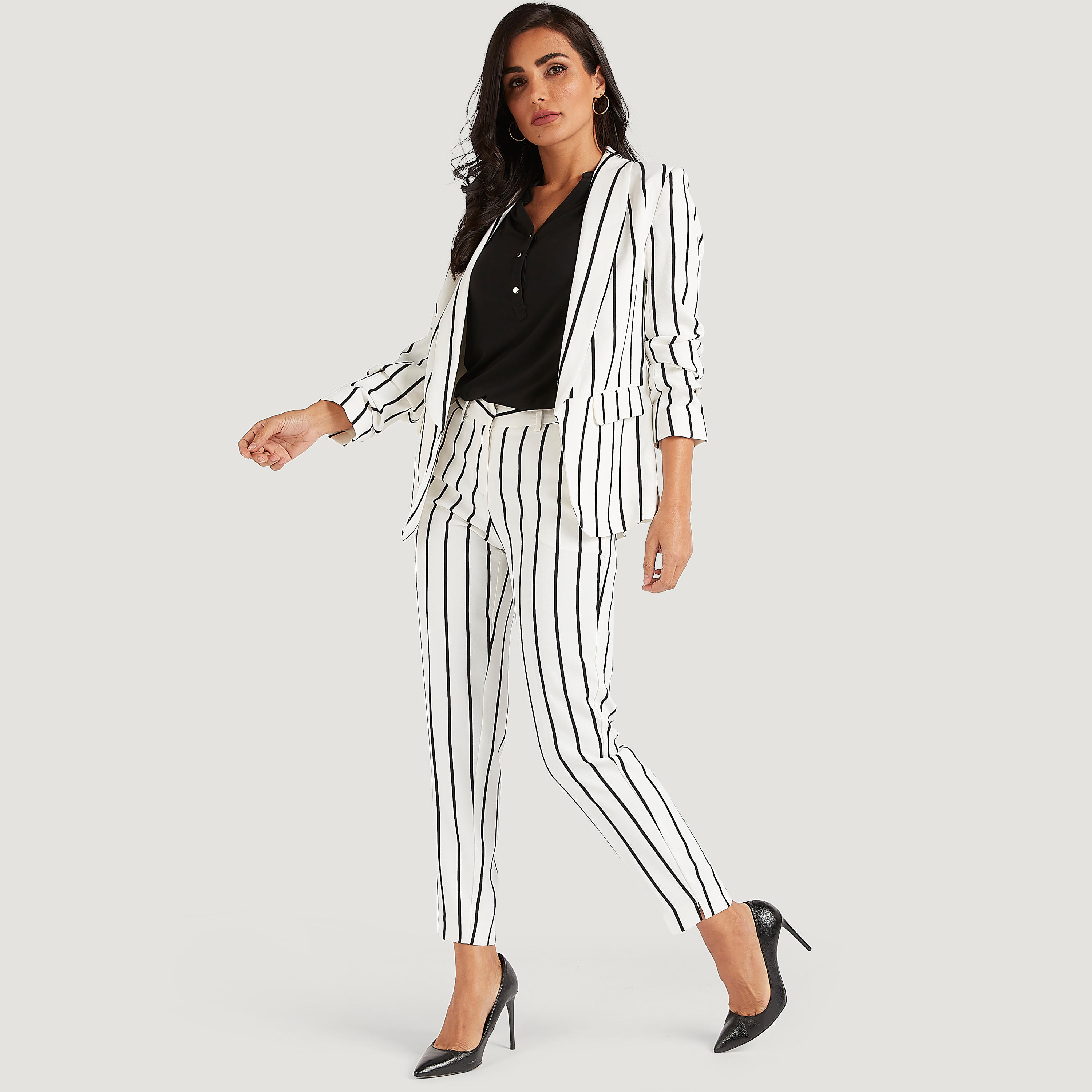 بنطلون سليم فيت مخطّط بخصر متوسّط الارتفاع وجيوب-women-clothing-bottoms-trousers-image-2