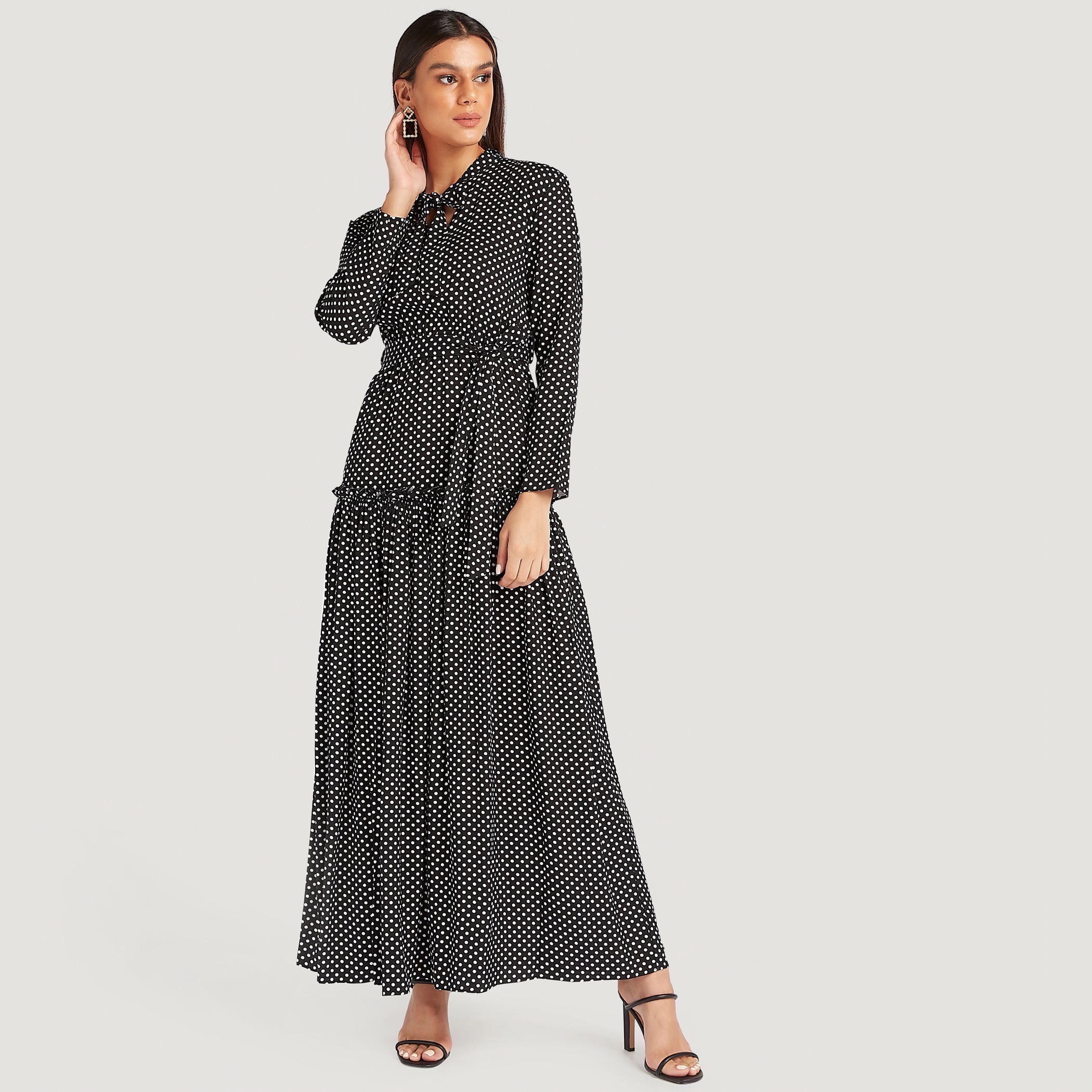 فستان طويل منقّط بأكمام طويلة وأربطة-women-clothing-dresses-image-2