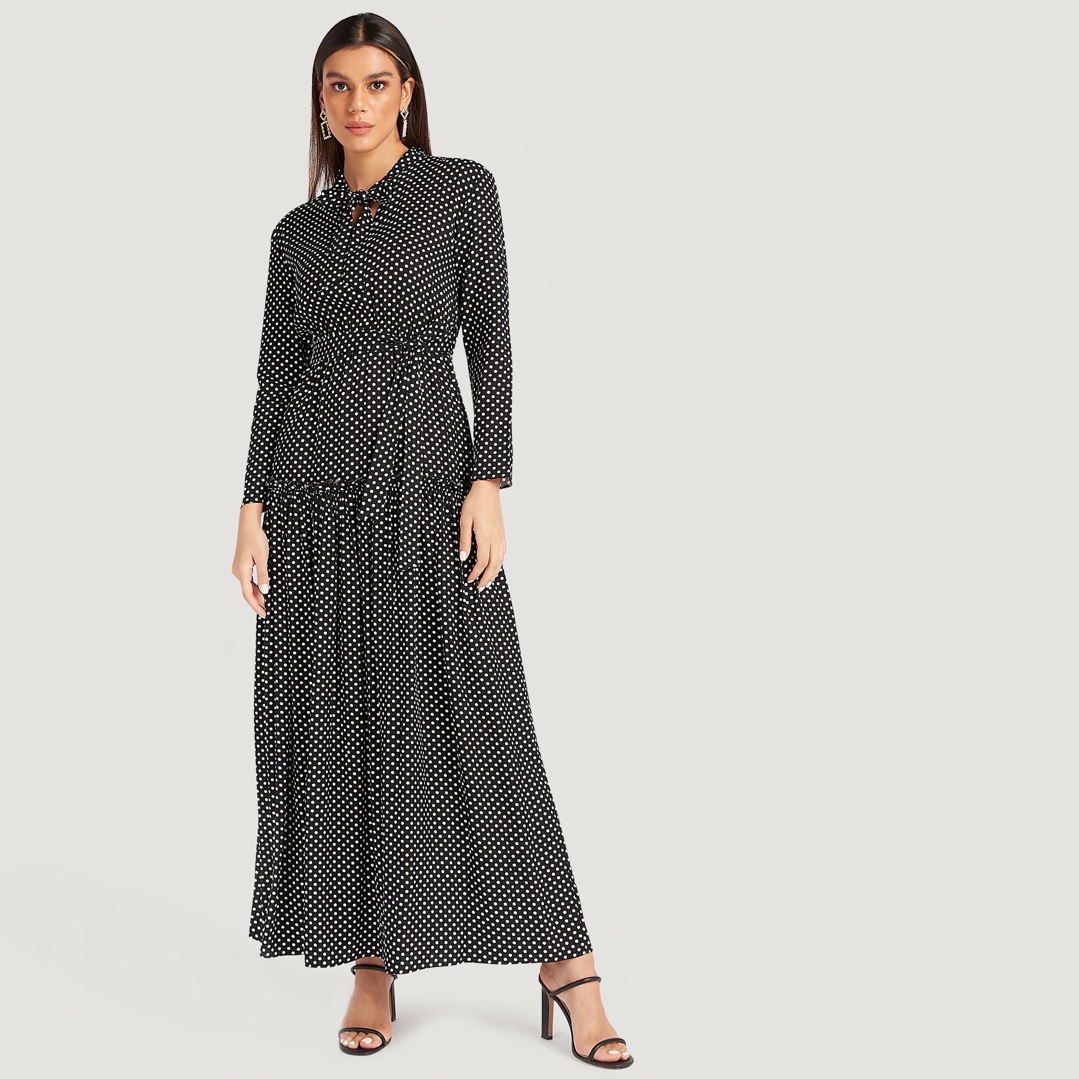 فستان طويل منقّط بأكمام طويلة وأربطة-women-clothing-dresses-image-5