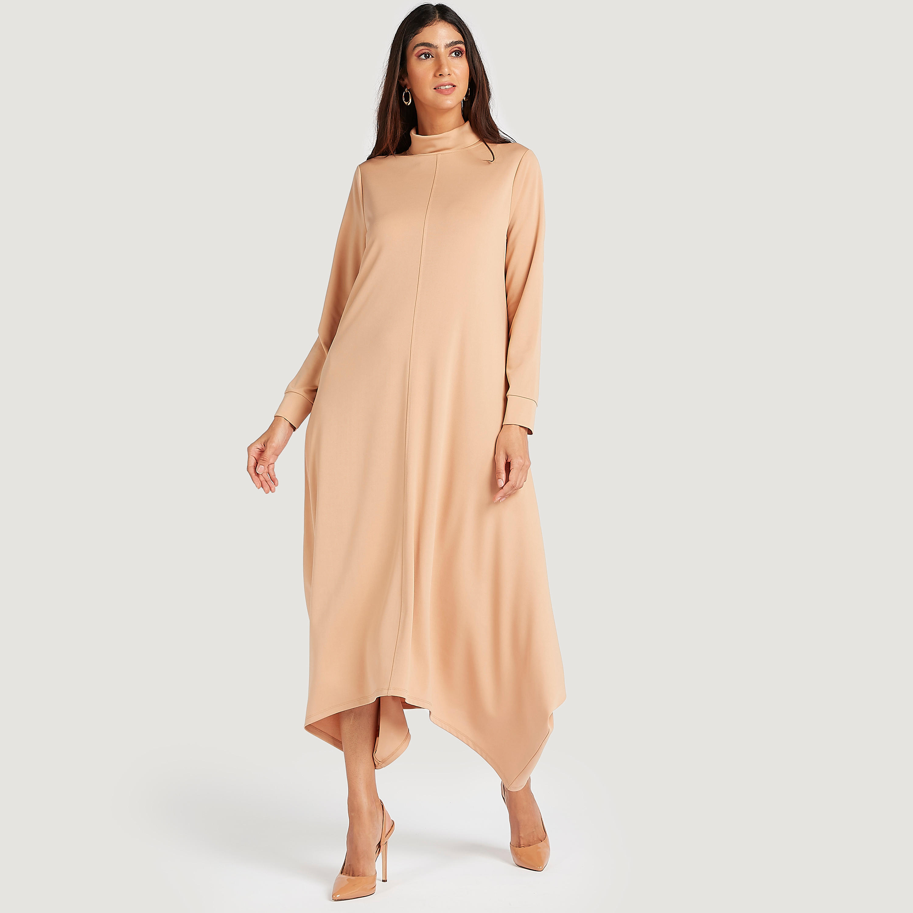 فستان ميدي سادة بطول غير مستوي وأكمام طويلة وياقة عالية-women-clothing-dresses-image-2