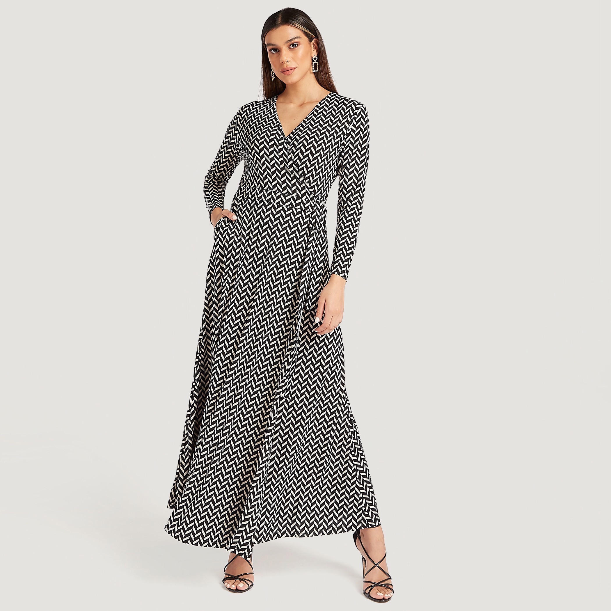 Printed Maxi A-line Dress with Long Sleeves and Pockets-women-clothing-dresses-image-1