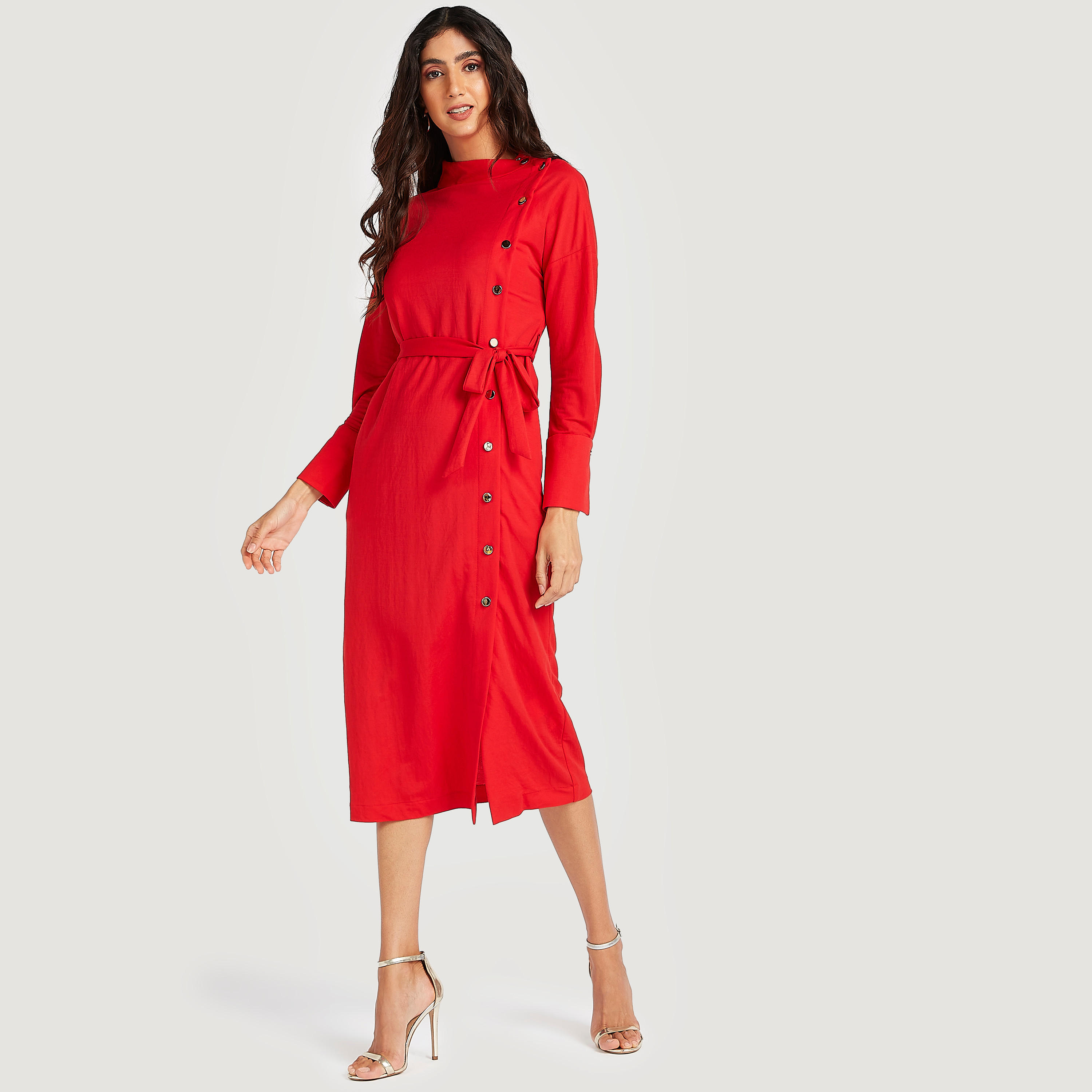 Solid Midi A-line Shift Dress with Long Sleeves and Belt-women-clothing-dresses-image-1