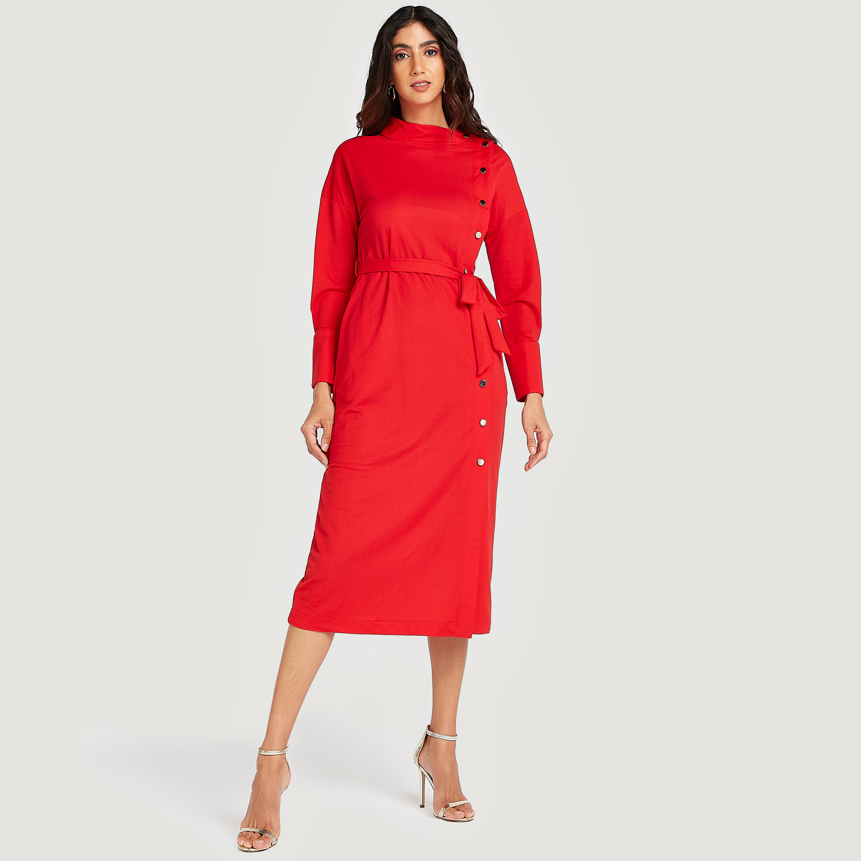 Solid Midi A-line Shift Dress with Long Sleeves and Belt-women-clothing-dresses-image-2