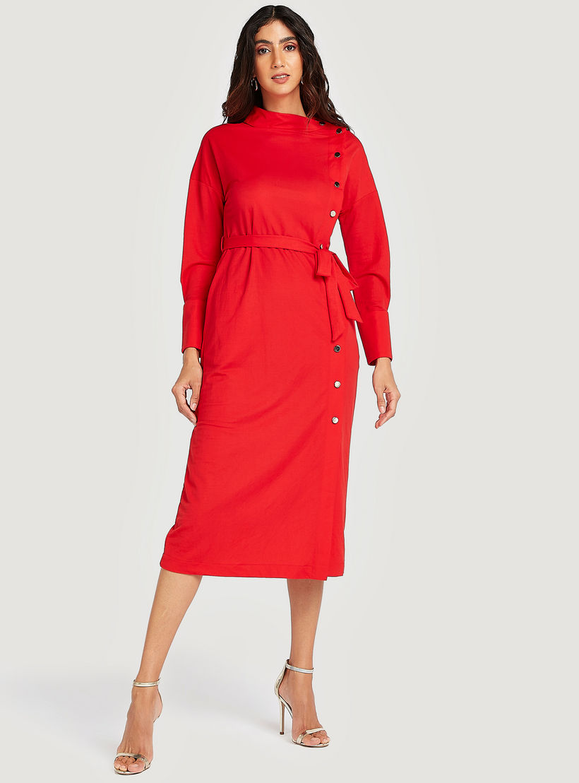Solid Midi A-line Shift Dress with Long Sleeves and Belt-women-clothing-dresses-image-2