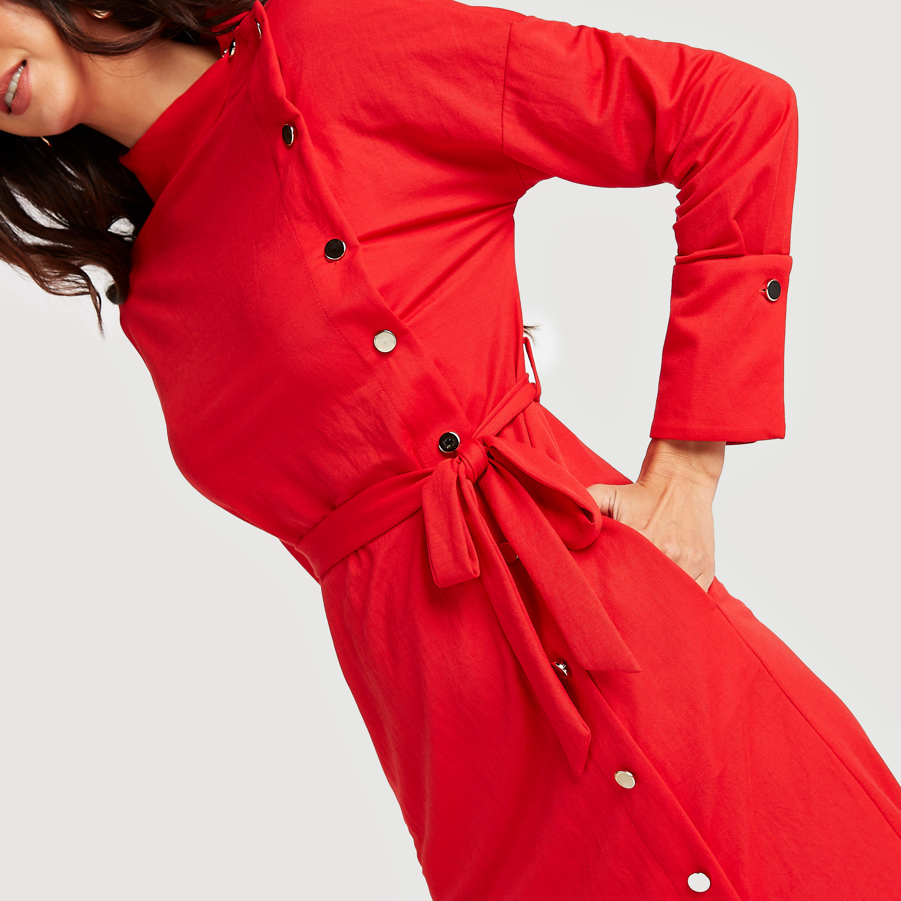 Solid Midi A-line Shift Dress with Long Sleeves and Belt-women-clothing-dresses-image-3