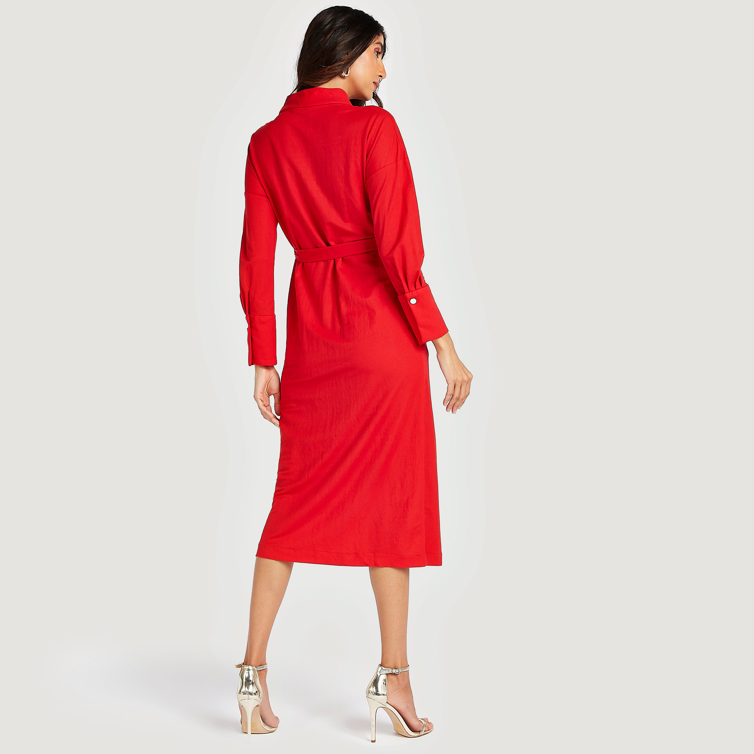 Solid Midi A-line Shift Dress with Long Sleeves and Belt-women-clothing-dresses-image-4